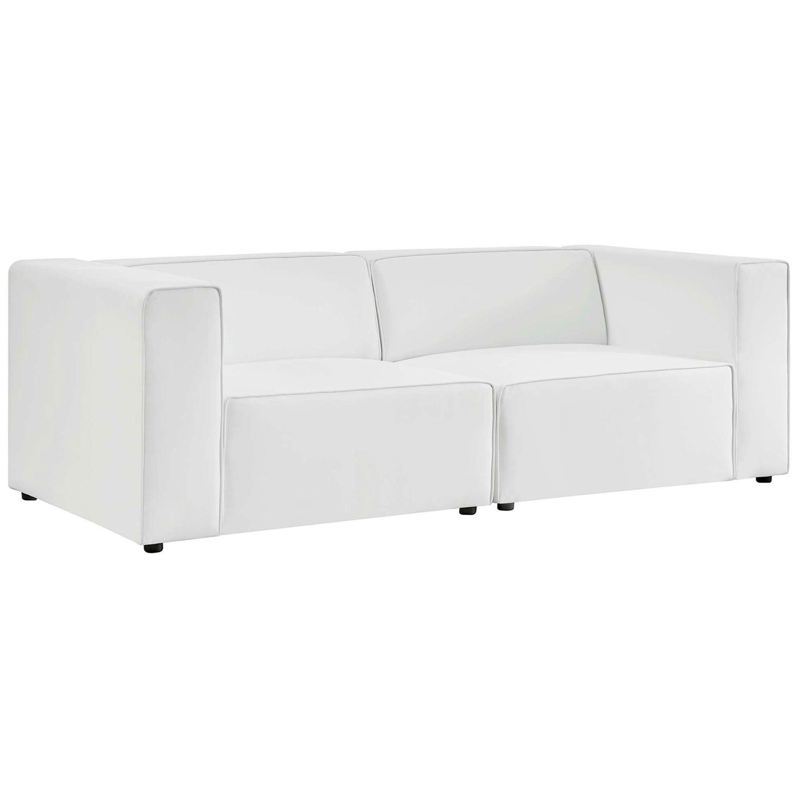 Modular white vegan leather loveseat with clean lines and low profile back cushions || EEI-4788-WHI || front_angle_studio