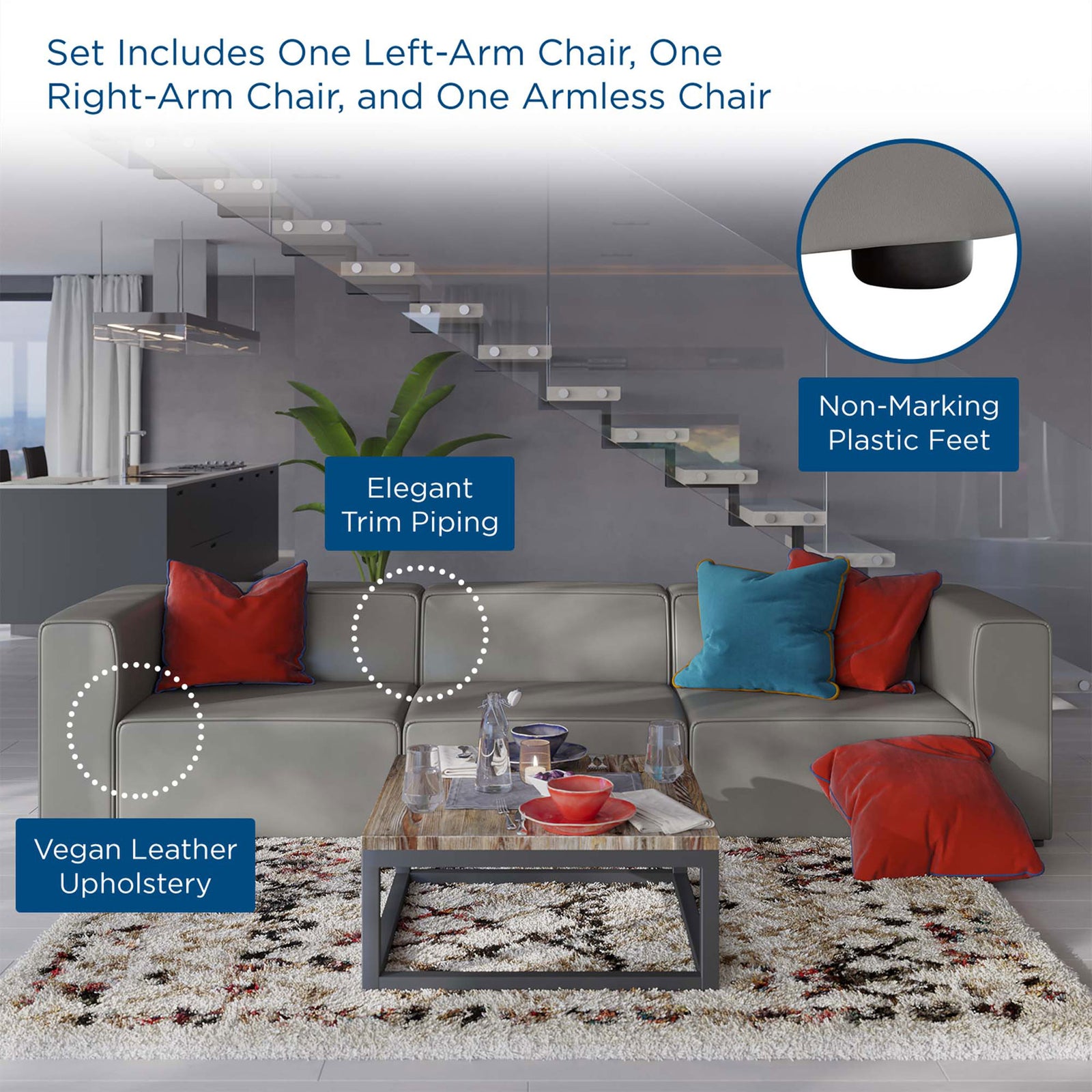 Gray vegan leather sectional in a modern living room with callouts for trim piping and feet || EEI-4789-GRY || callout_room