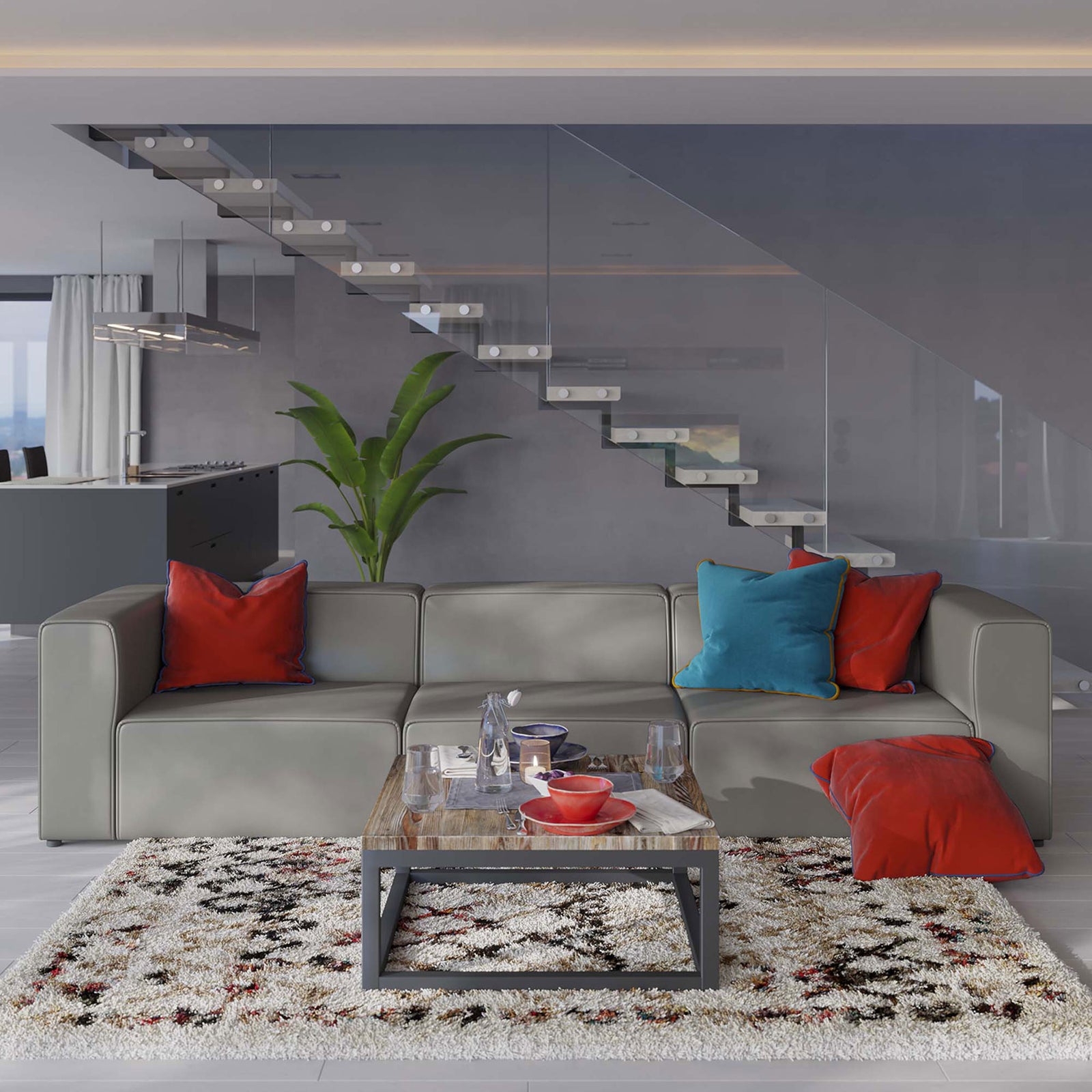 Three-piece gray vegan leather sectional arranged on a patterned rug in a contemporary living room || EEI-4789-GRY || front_room