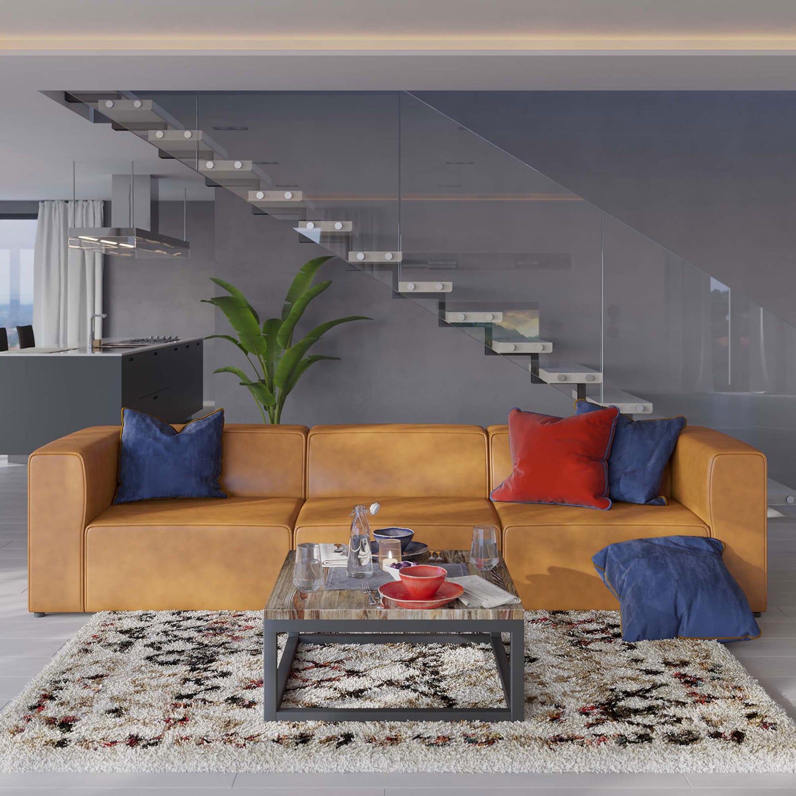 Inviting Mingle tan vegan leather sectional styled with colorful pillows creates a cozy social gathering space. || EEI-4789-TAN || front_room