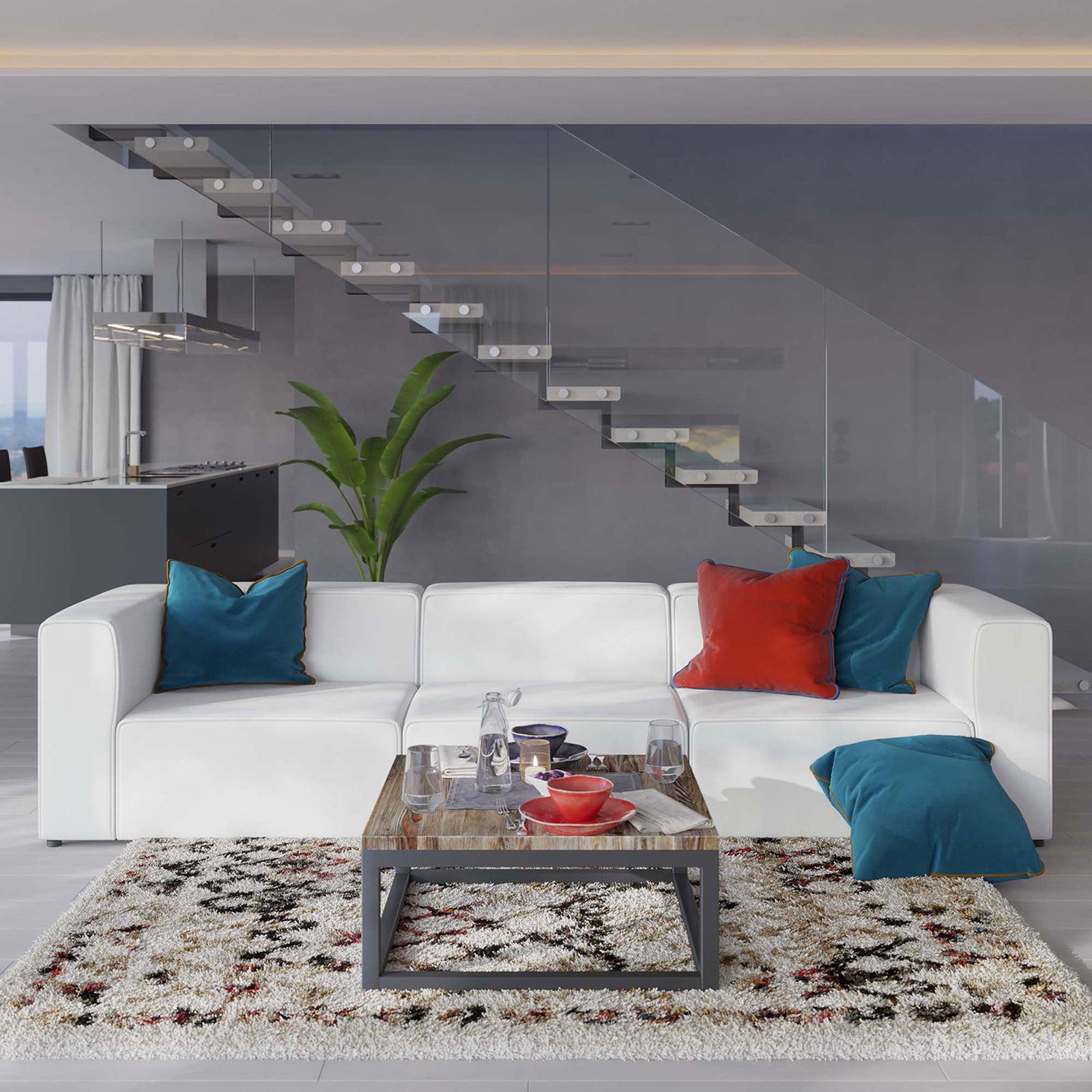 Inviting white sectional sofa anchoring a contemporary living room for everyday lounging and guests || EEI-4789-WHI || front_room