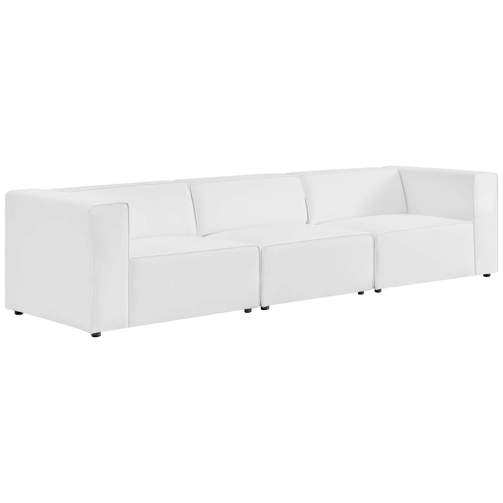 Spacious white vegan leather Mingle sectional showcasing three modular seats for relaxed lounging || EEI-4789-WHI || front_angle_studio