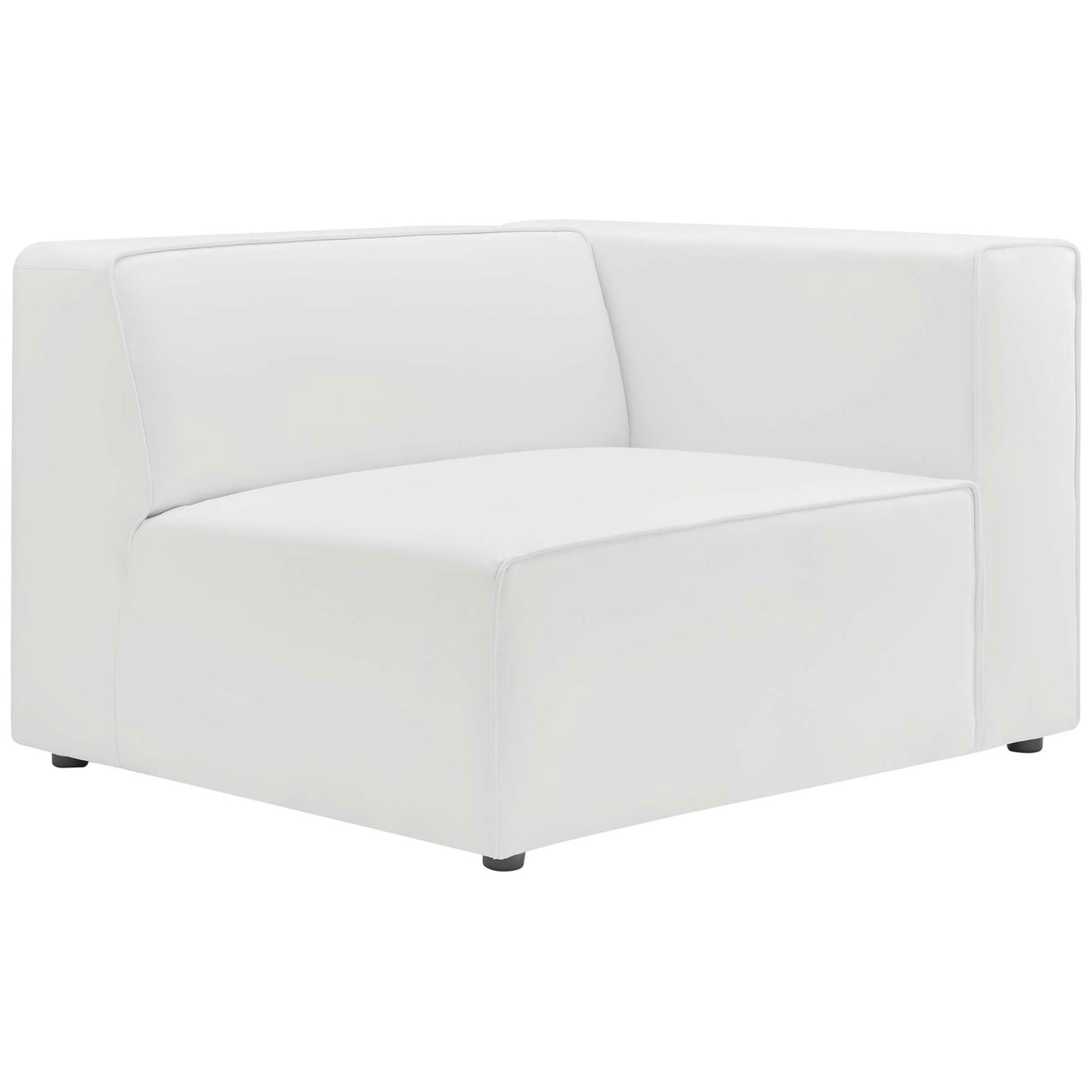 White vegan leather sectional end piece offering a roomy seat and supportive armrest || EEI-4789-WHI || front_angle_partial_studio