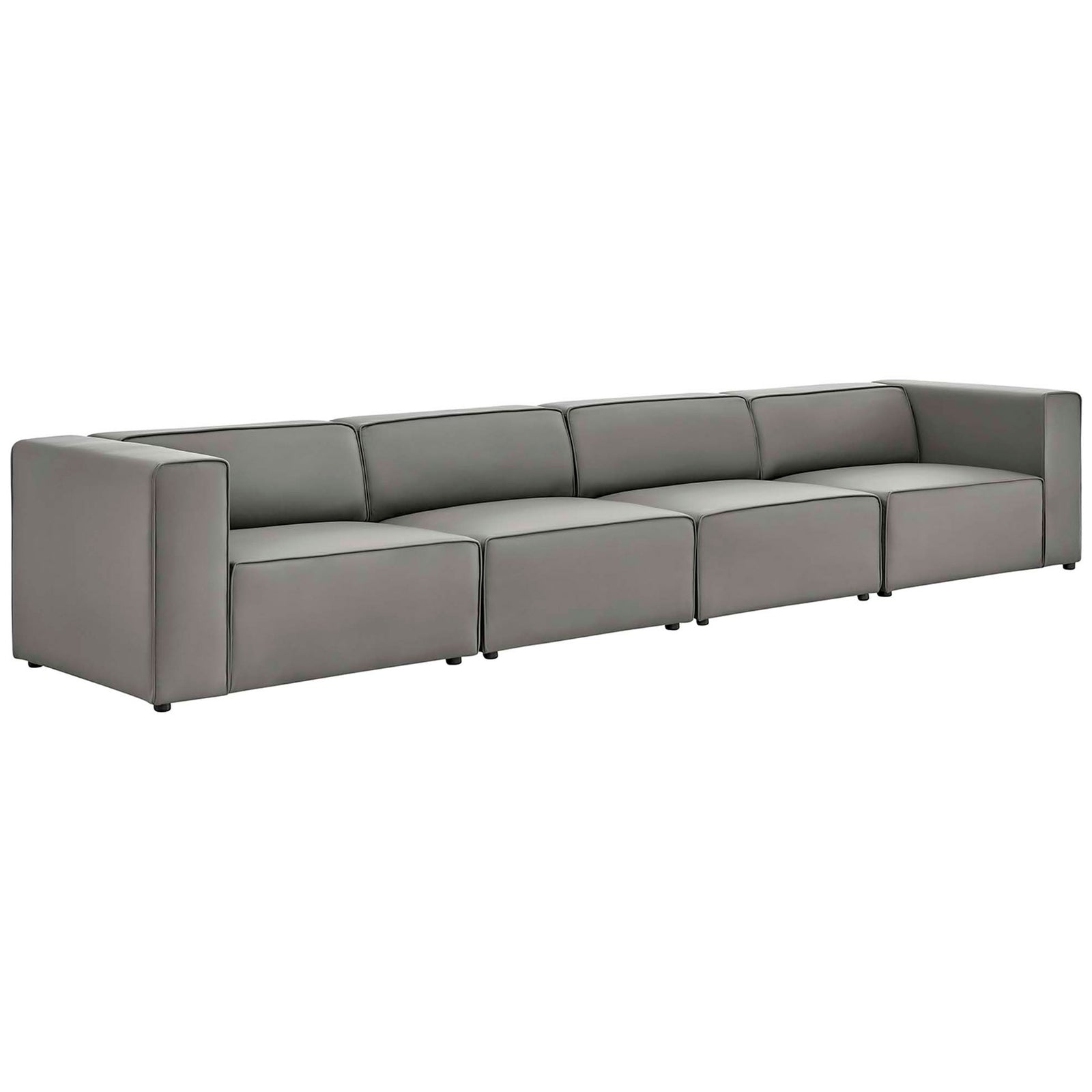 Long gray vegan leather sectional arranged as a streamlined four-seat sofa for modern living rooms || EEI-4793-GRY || front_angle_studio