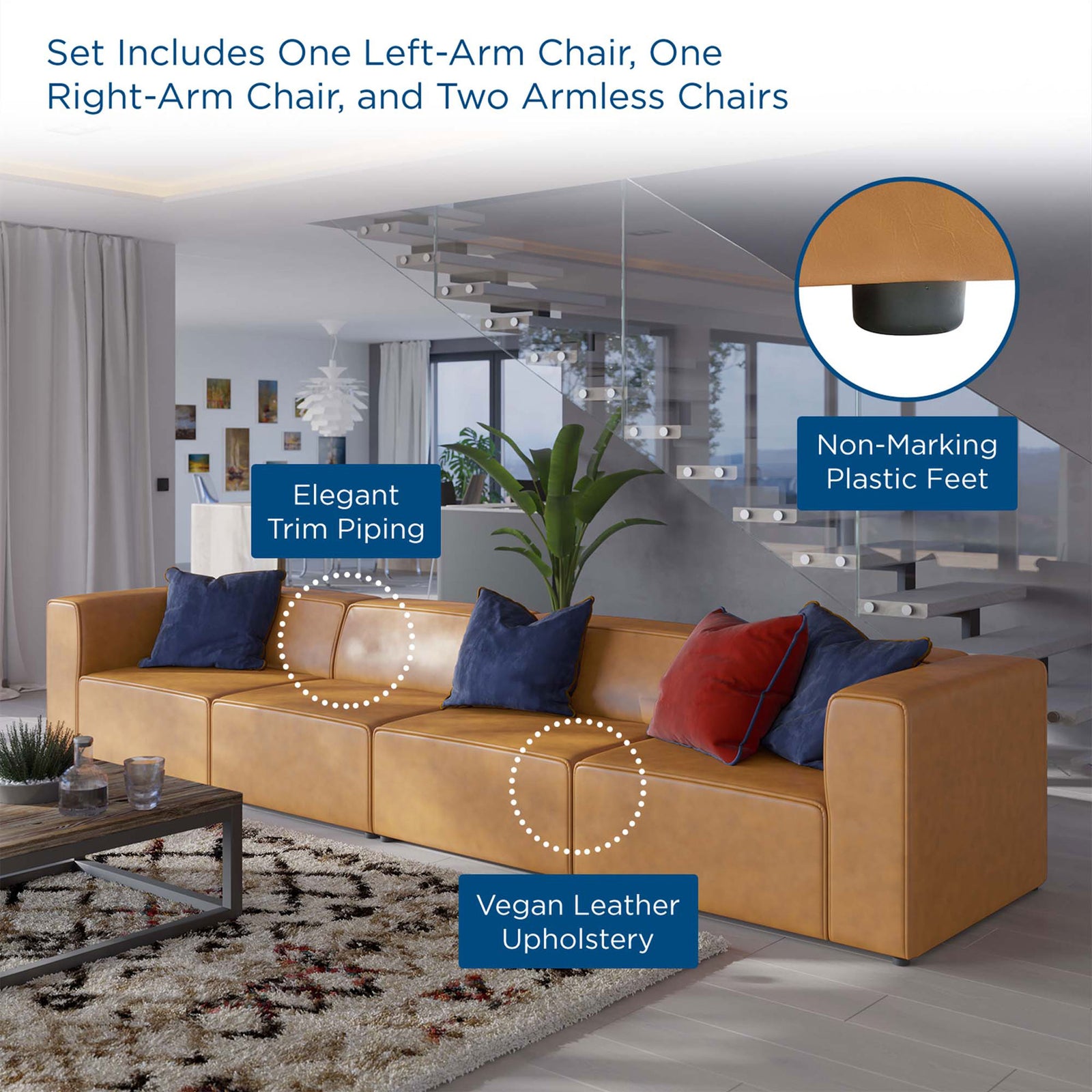 Sectional styled in a bright modern living room with callouts spotlighting vegan leather and trim details || EEI-4793-TAN || callout_room