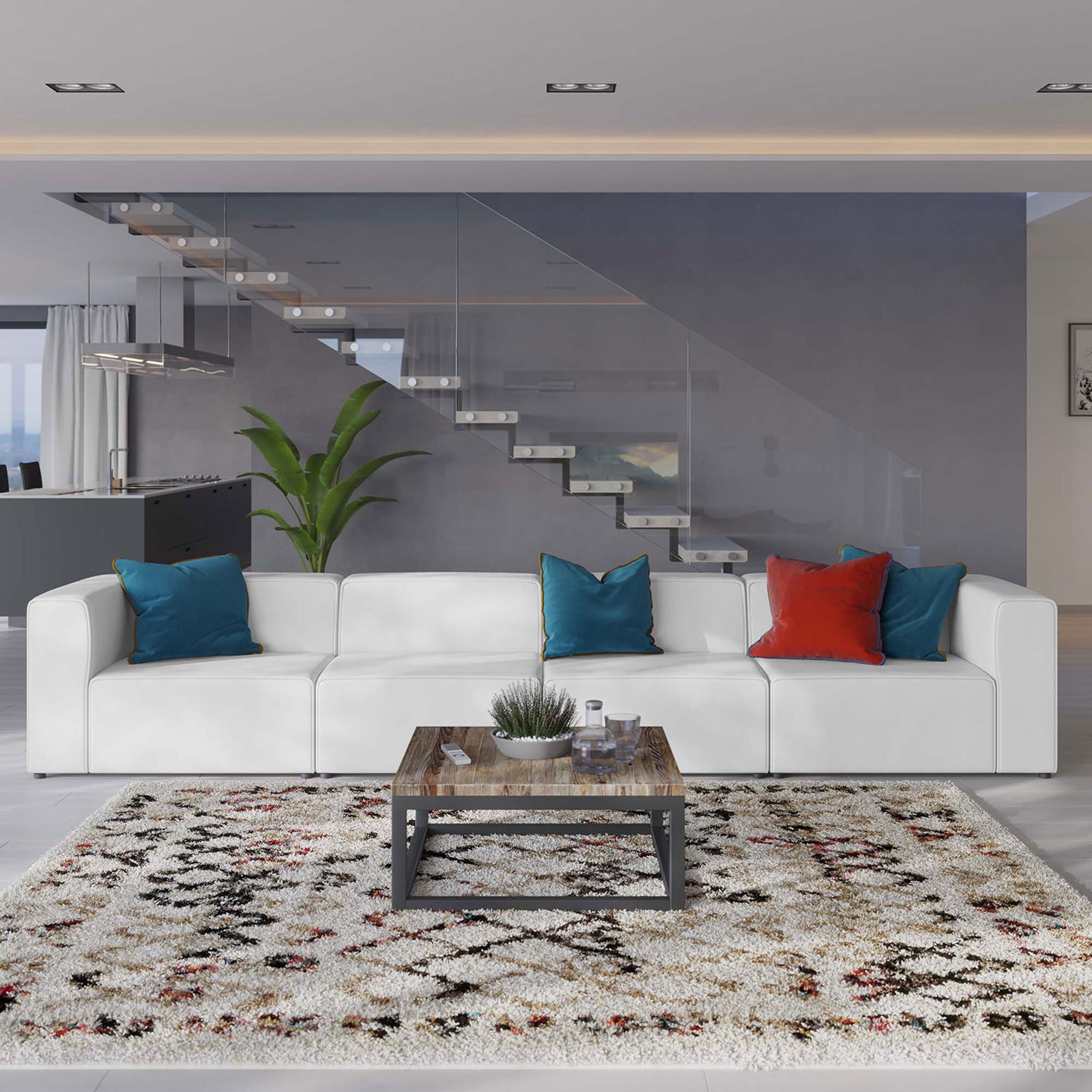 White vegan leather 4-piece sectional sofa styled with colorful throw pillows in a bright contemporary living room || EEI-4793-WHI || front_room