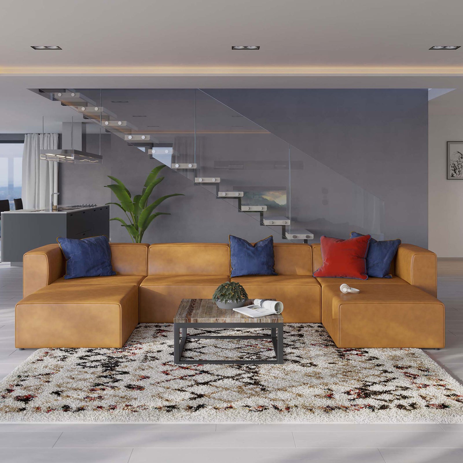Spacious tan vegan leather sectional and ottomans anchored by a patterned rug in a sleek, open-concept living area || EEI-4794-TAN || front_room