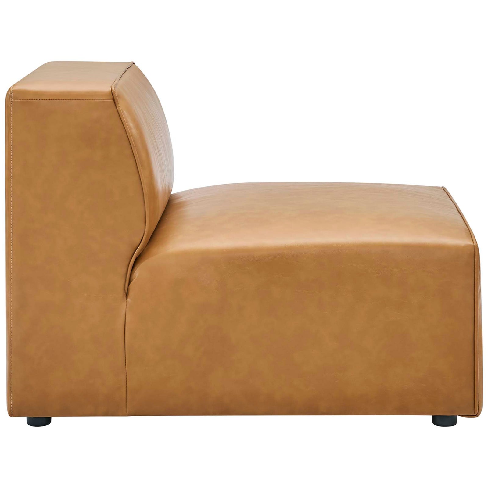 Armless tan vegan leather module with gently curved backrest and deep, lounge-style seating || EEI-4794-TAN || side_partial_studio