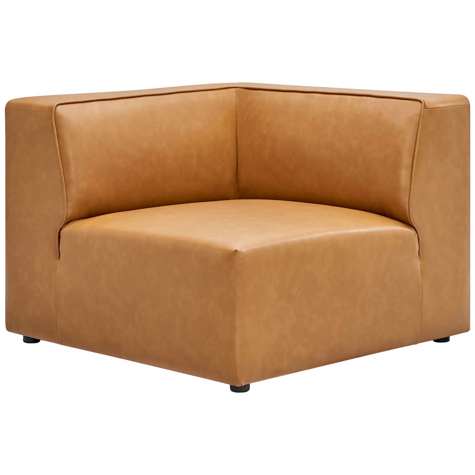 Modular tan vegan leather corner chair creating the L-shaped configuration of the Mingle sectional || EEI-4795-TAN || front_angle_partial_studio