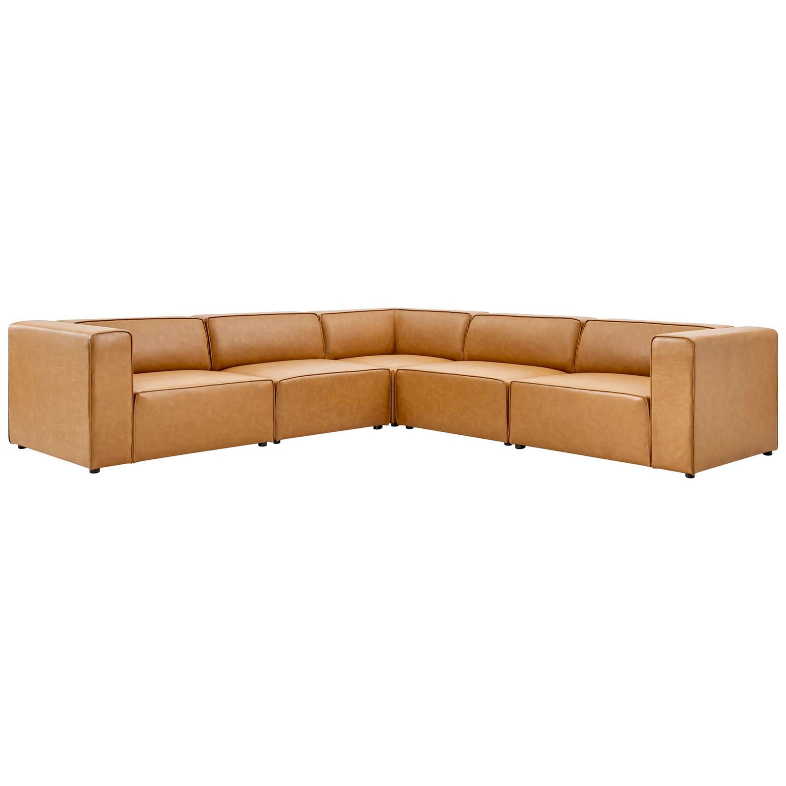 Tan vegan leather L-shaped sectional sofa from the Mingle collection with deep, low-profile cushions || EEI-4795-TAN || front_angle_studio