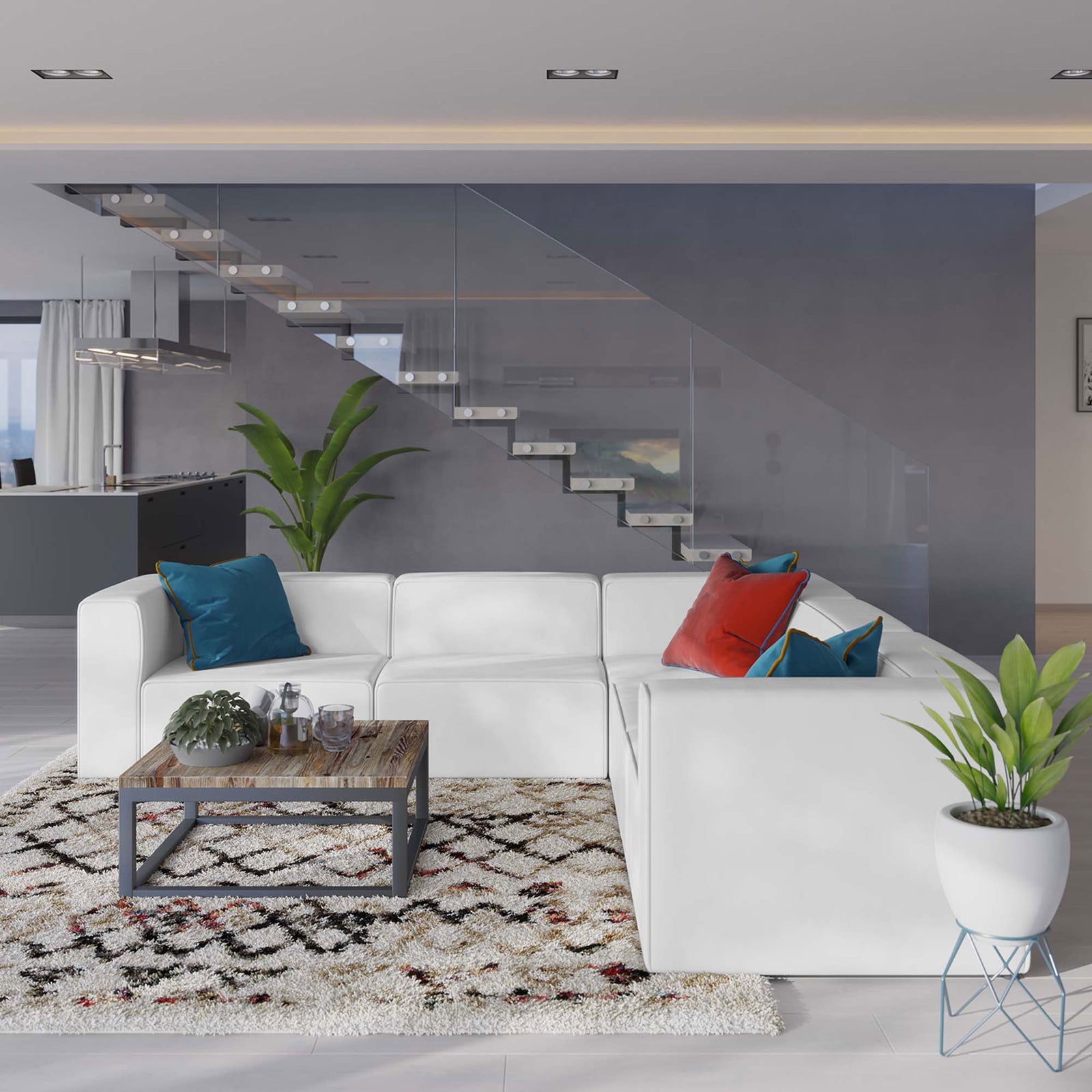 Spacious white vegan leather sectional anchors a modern open-plan living area with cozy, relaxed seating || EEI-4795-WHI || front_angle_room