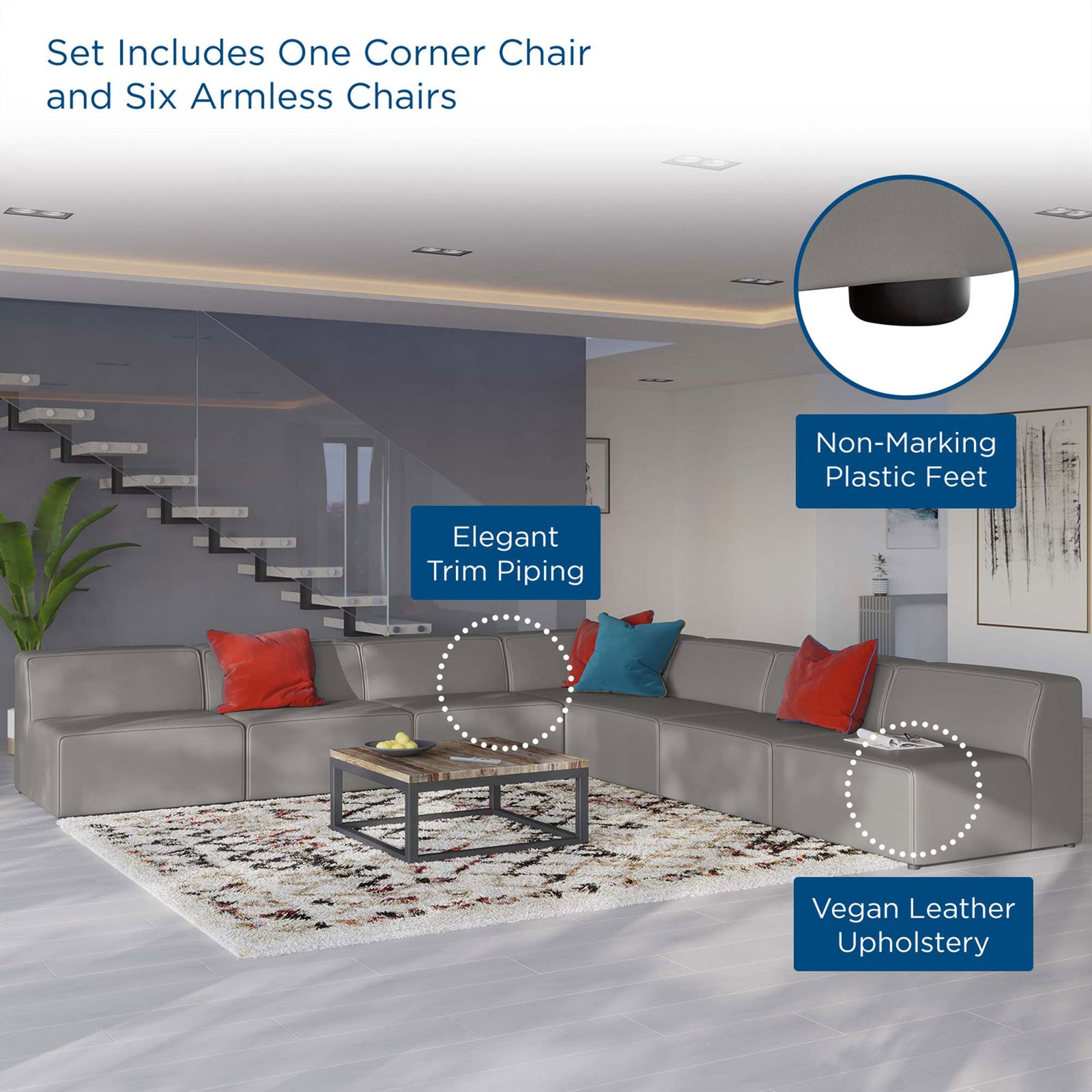 Lifestyle scene of the gray vegan leather sectional sofa with feature callouts and seating configuration || EEI-4797-GRY || callout_room