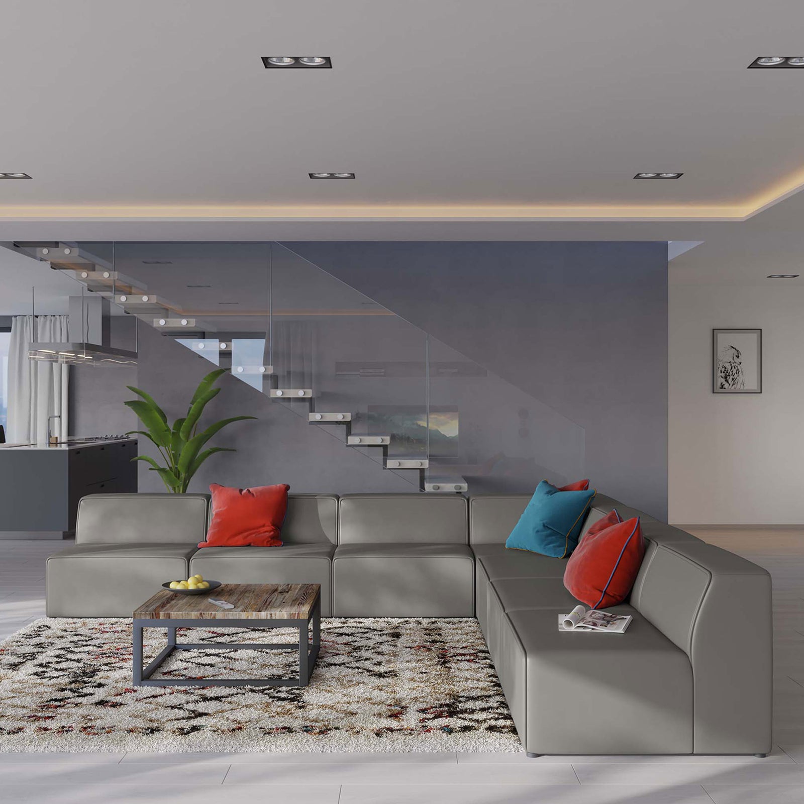 Gray vegan leather 7-piece sectional sofa styled in a modern living room with colorful accent pillows || EEI-4797-GRY || front_angle_room