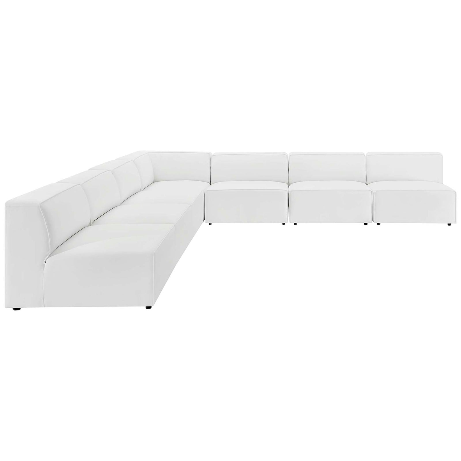 Modular white vegan leather sectional wraps seating around the corner to create a welcoming lounge area || EEI-4797-WHI || front_angle_studio