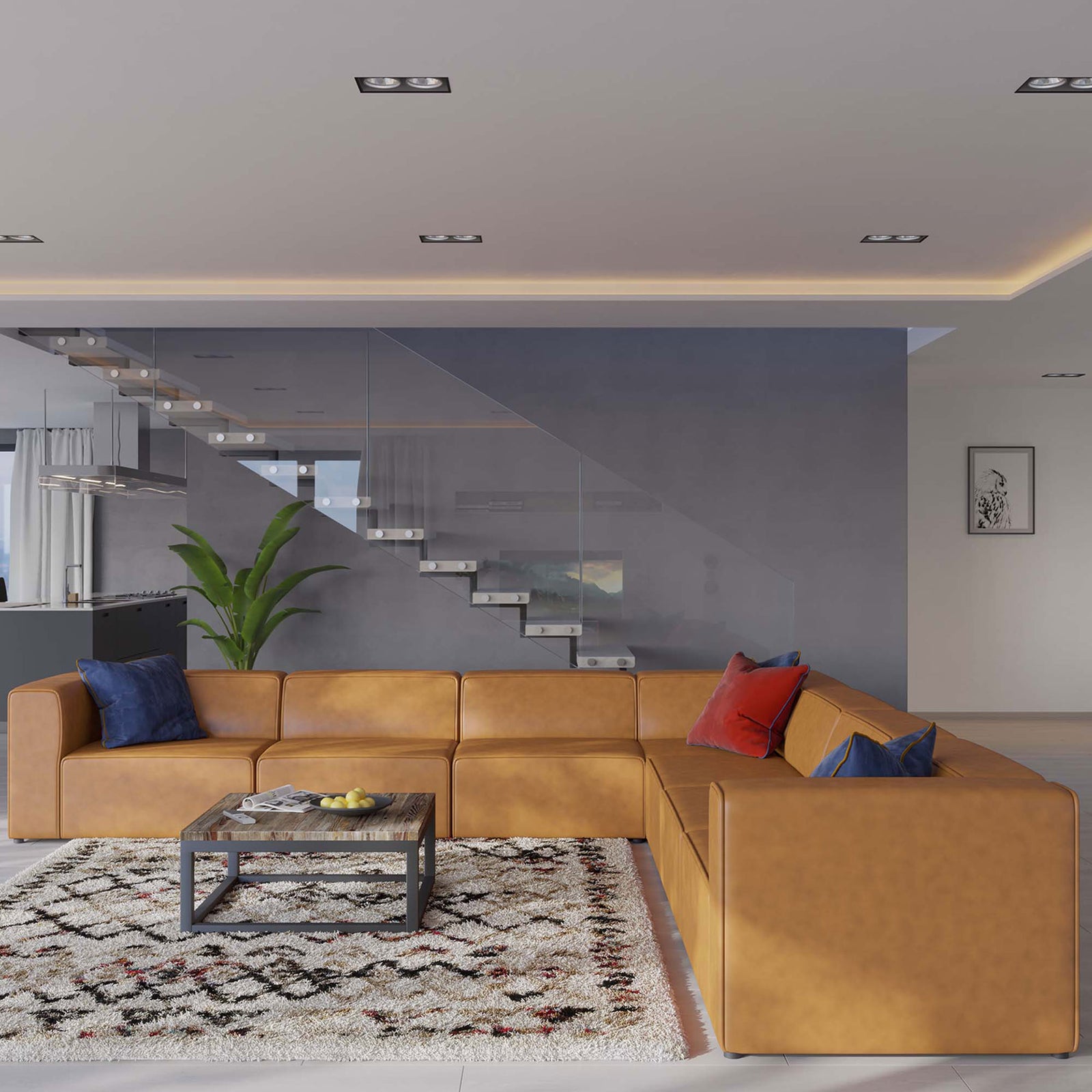 Tan vegan leather sectional anchors a bright modern living room, styled with colorful pillows and rug. || EEI-4798-TAN || front_angle_room