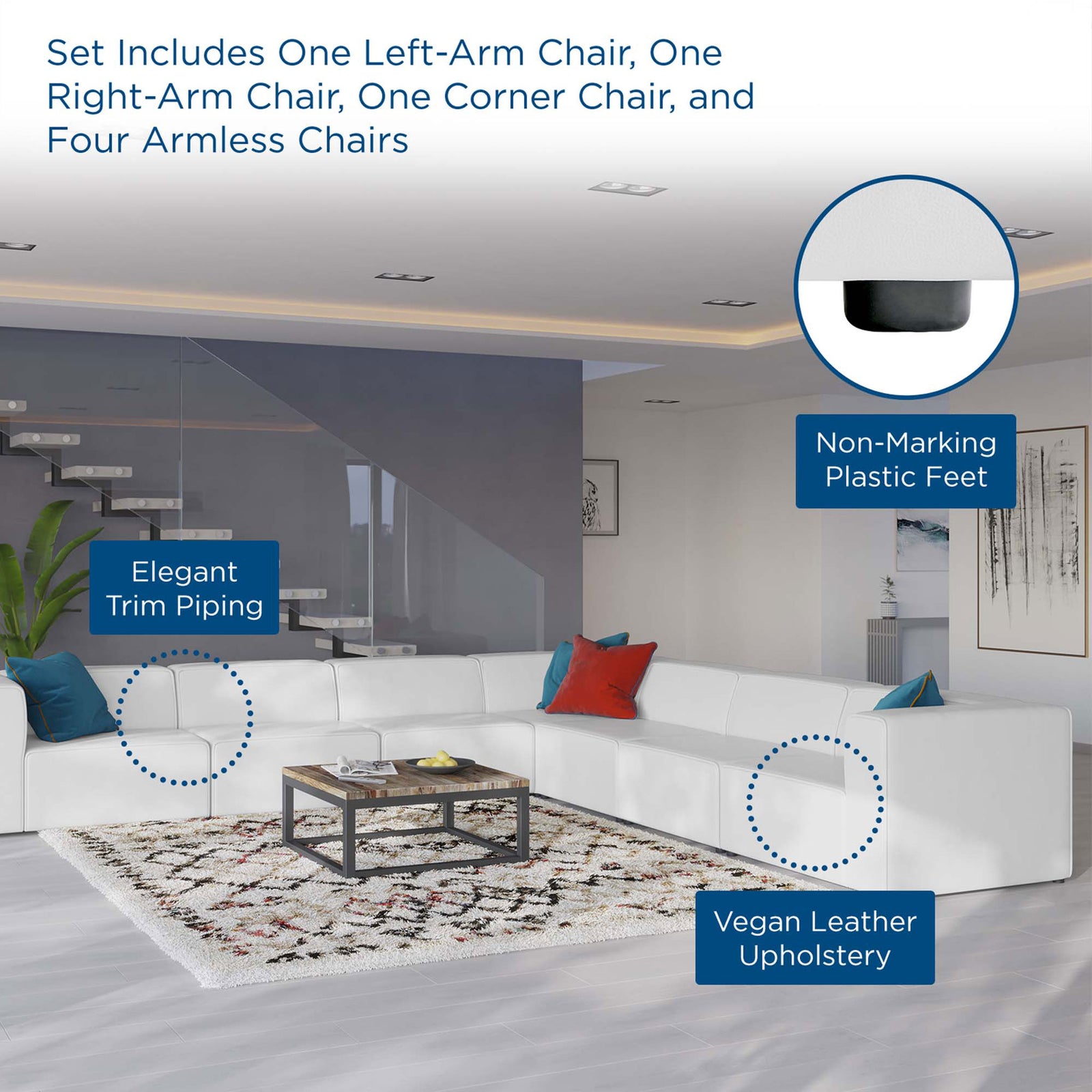 Sectional in a bright living room highlights vegan leather, elegant piping, and non-marking plastic feet || EEI-4798-WHI || callout_room