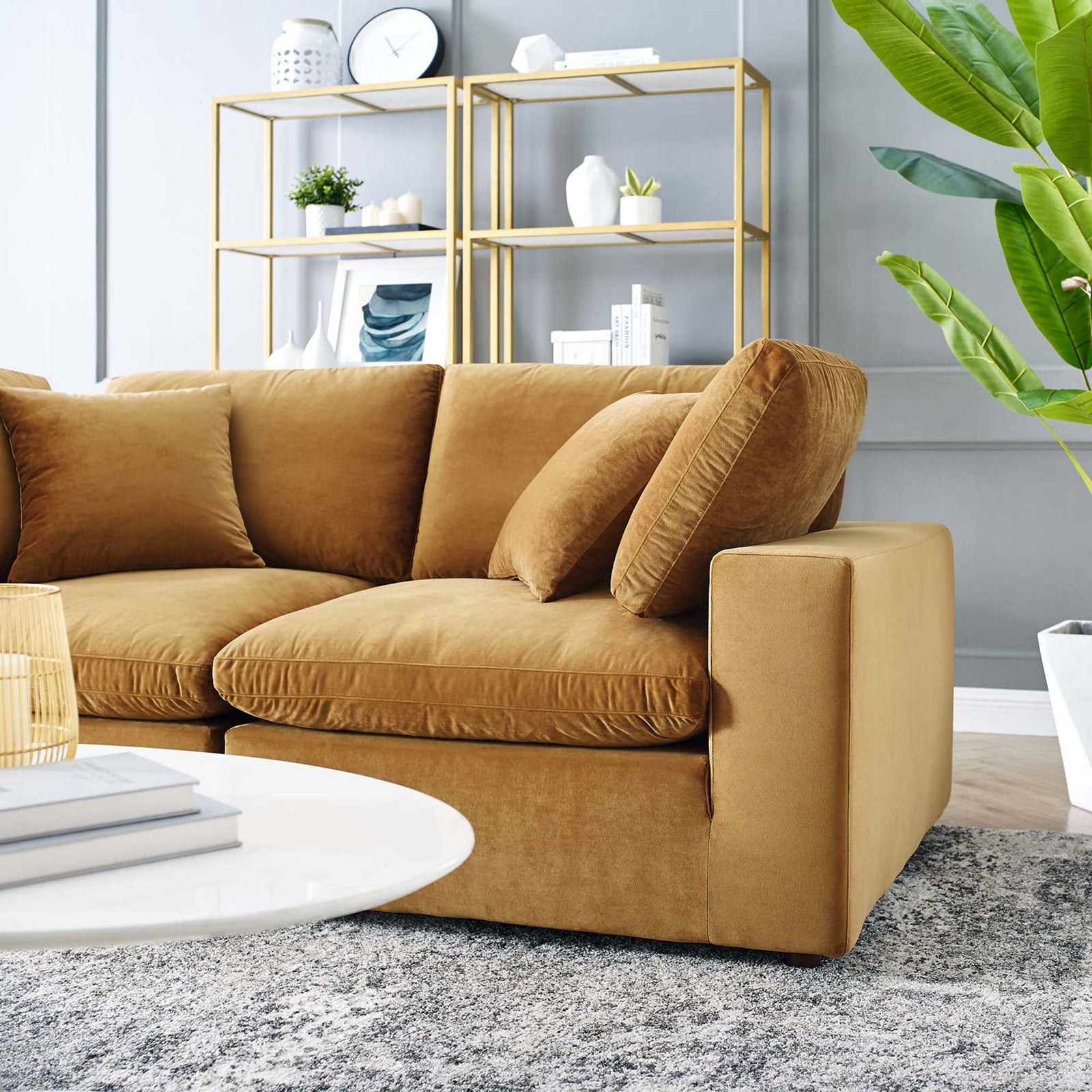 Carmen Down Filled Overstuffed Velvet Loveseat Cognac