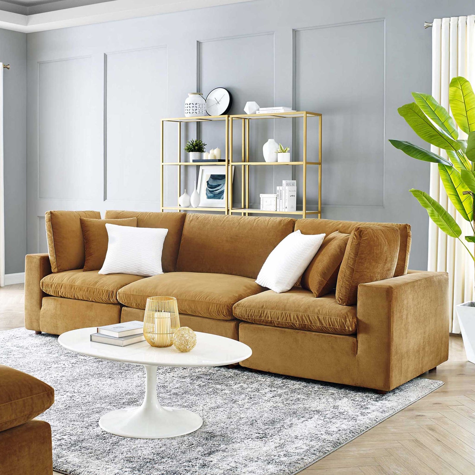 Carmen Down Filled Overstuffed Velvet Sofa Cognac