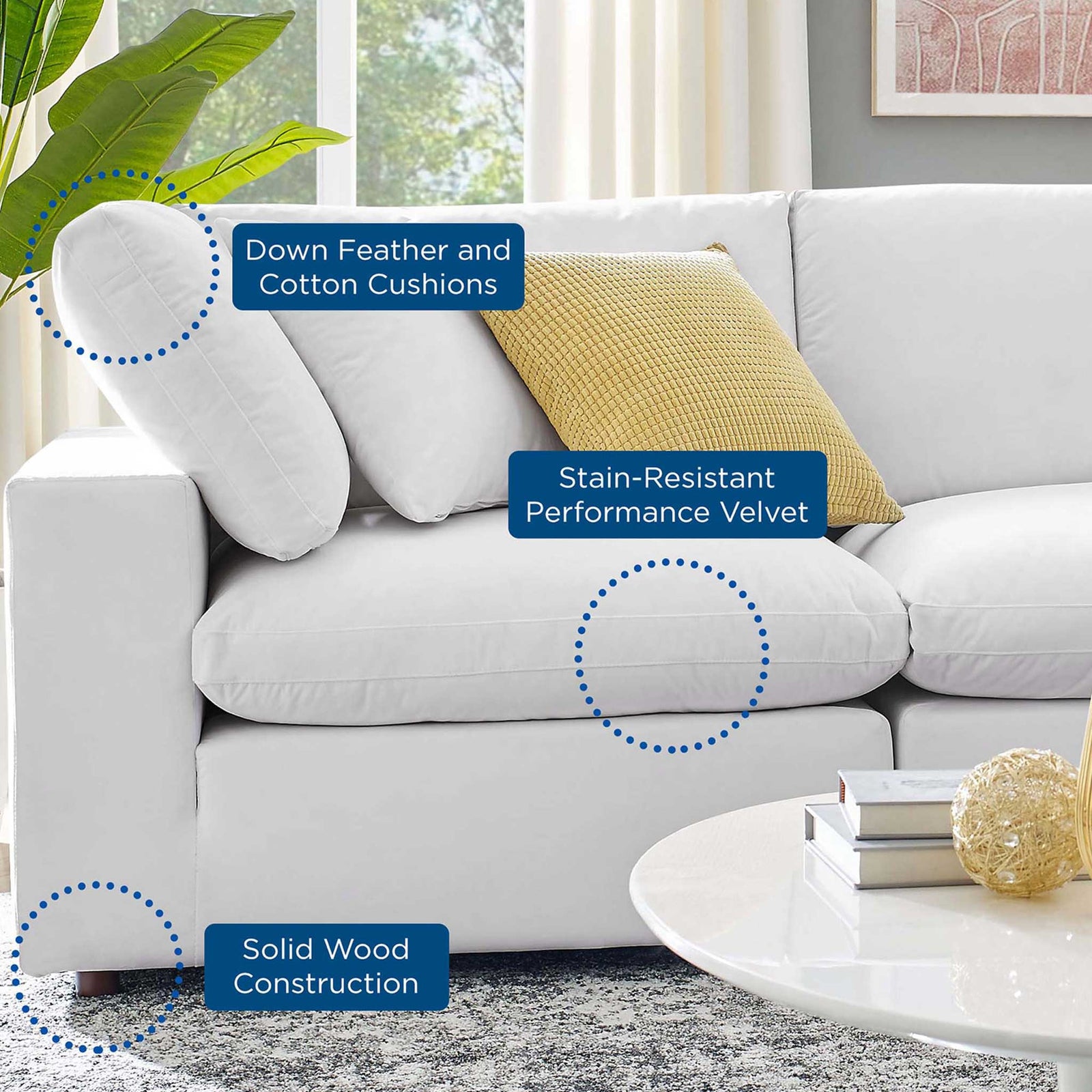Comino Down Filled Overstuffed Velvet Sofa White
