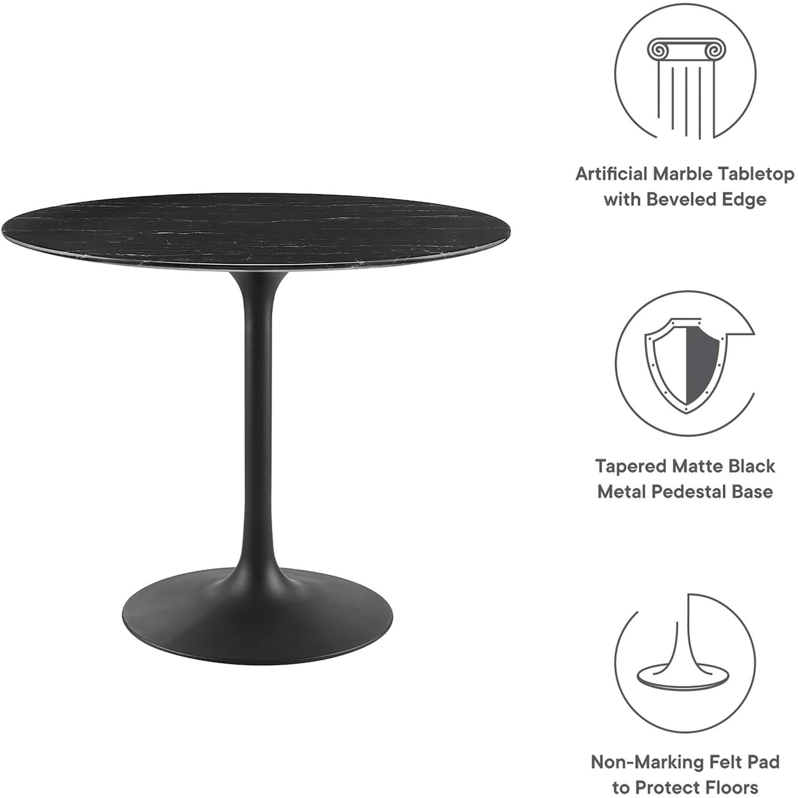 Feature graphic highlighting 36 inch table's faux marble top, tapered base, and floor friendly pad. || EEI-4868-BLK-BLK || callout_studio