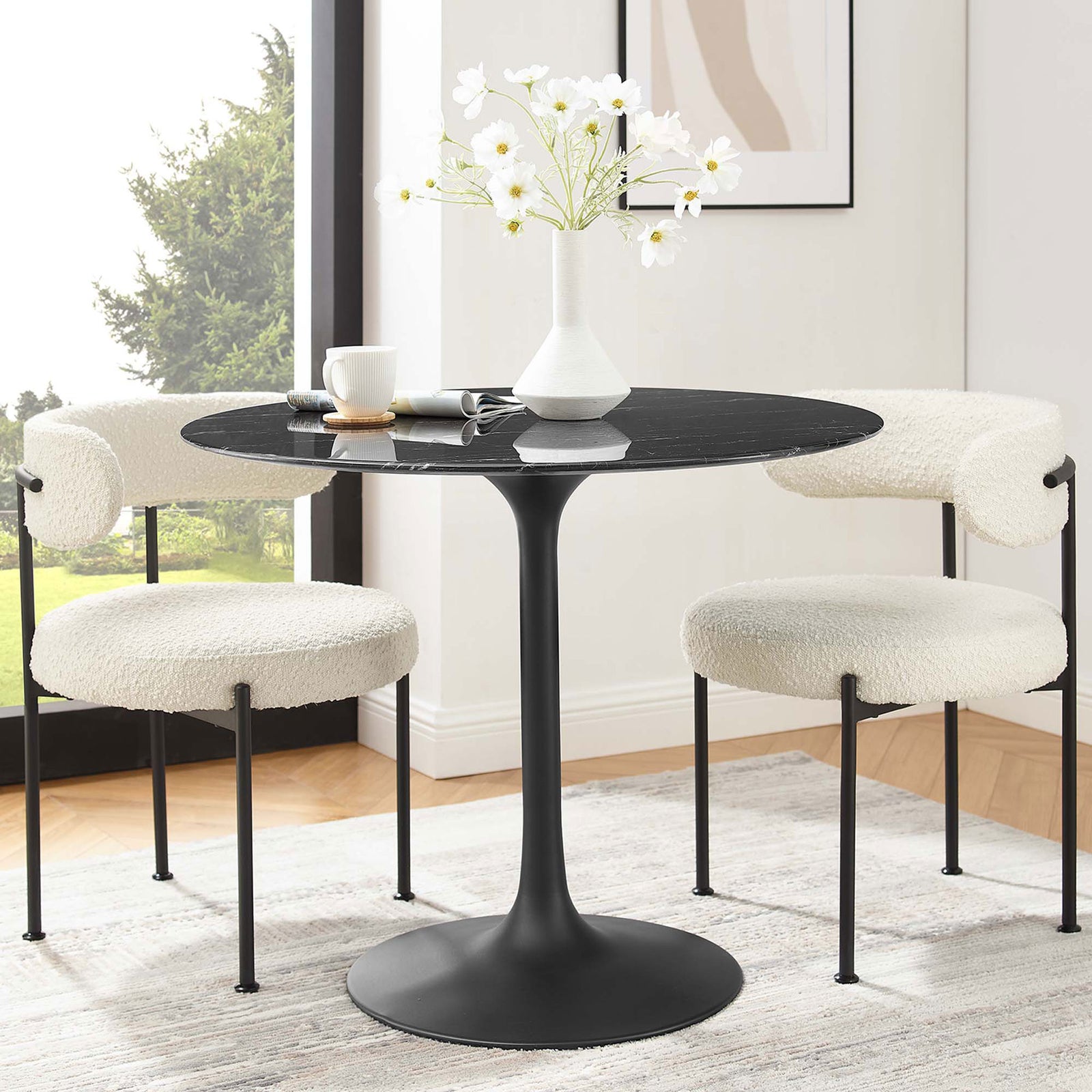 36 inch black faux marble dining table styled in a bright breakfast nook with cozy chairs. || EEI-4868-BLK-BLK || front_room