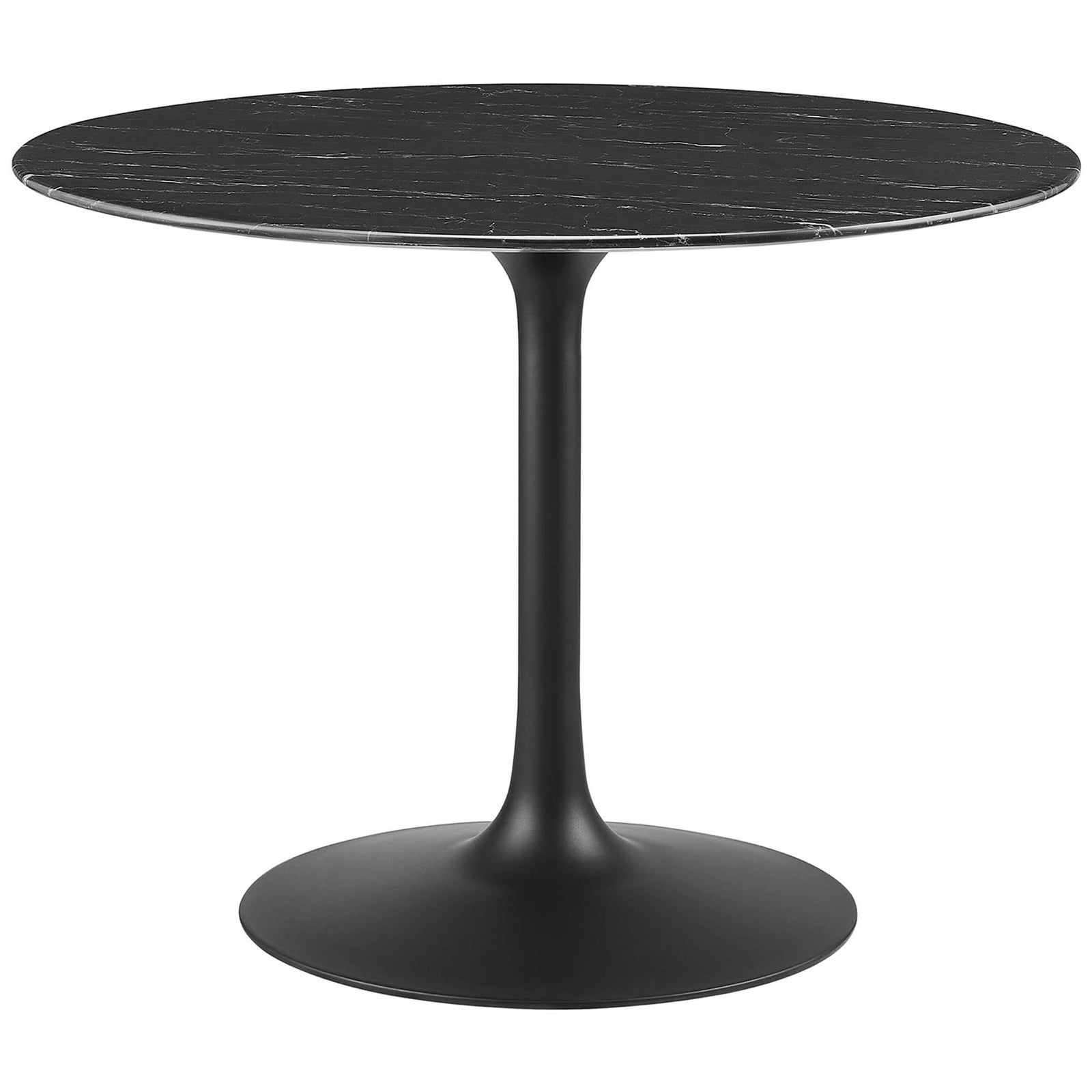 Modern 40 inch black faux marble pedestal dining table with slim, sculpted base. || EEI-4876-BLK-BLK || front_studio