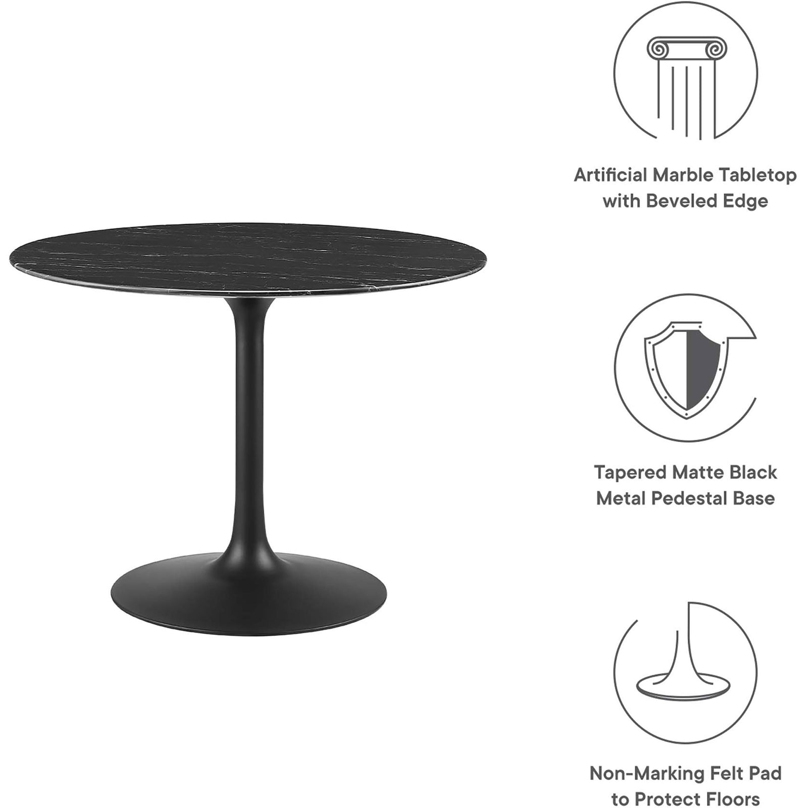 Feature graphic for 40 inch table highlighting artificial marble top and tapered metal pedestal. || EEI-4876-BLK-BLK || callout_studio
