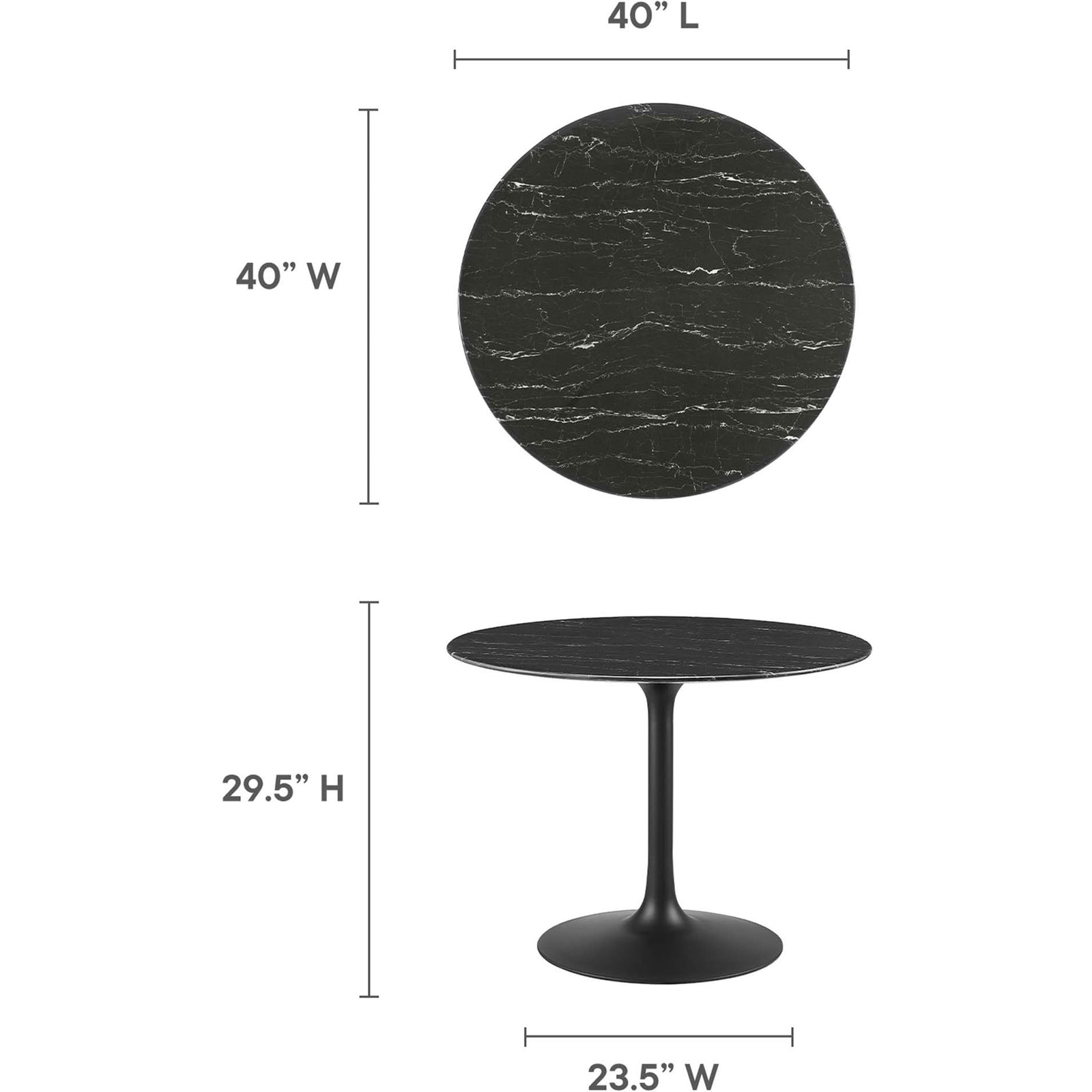 Measurement diagram displaying 40 inch round tabletop, height, and base width. || EEI-4876-BLK-BLK || dimension_studio