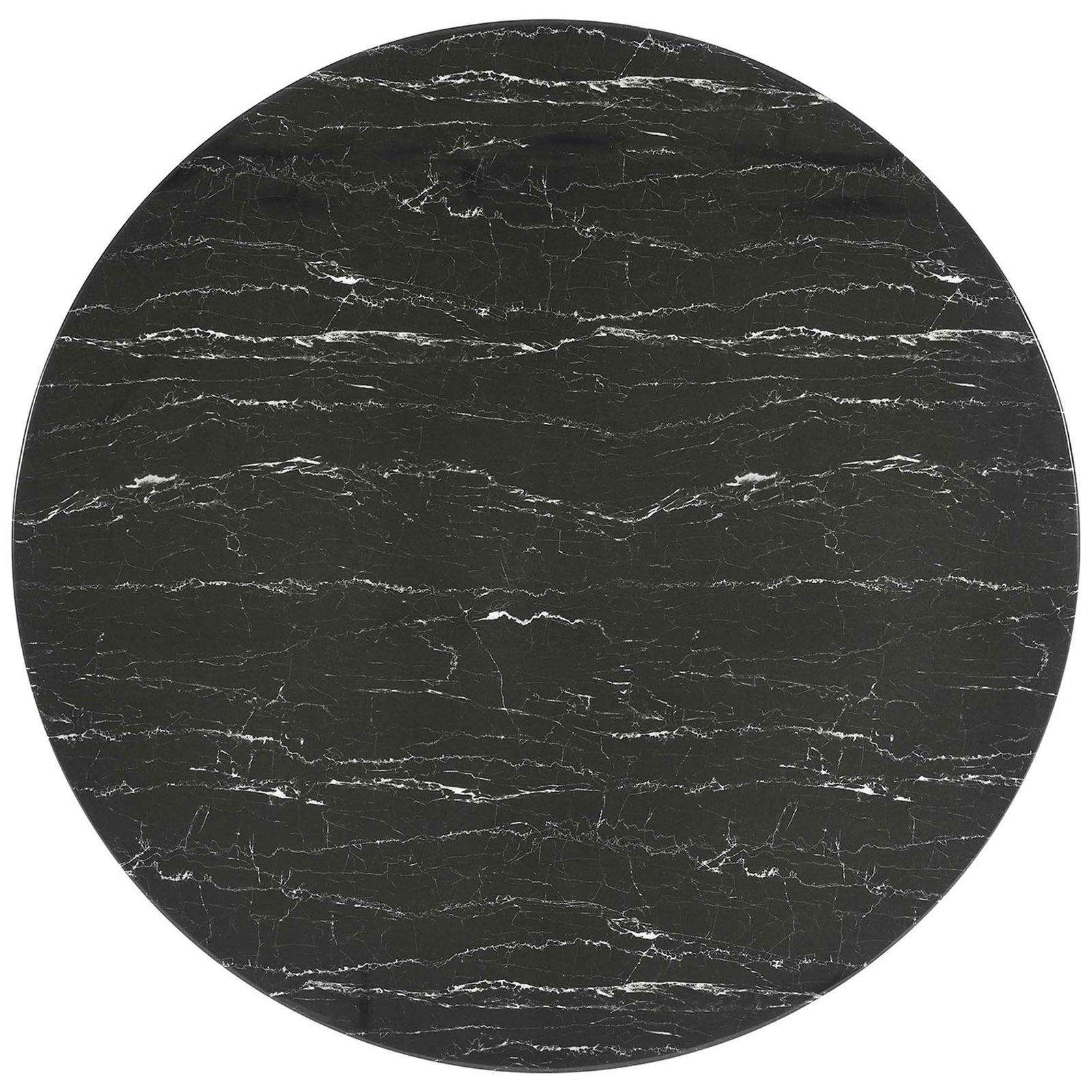 54 inch round artificial marble tabletop with dramatic white veining on deep black. || EEI-4878-BLK-BLK || top_studio
