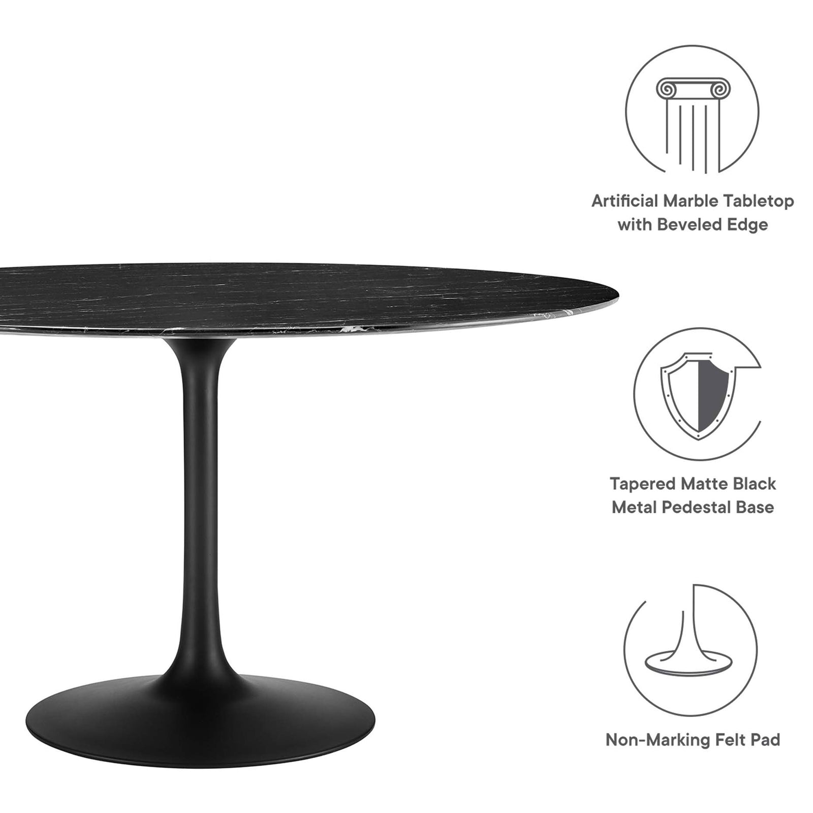 Feature graphic showcasing faux marble top, tapered pedestal, and protective floor pad for 54 inch table. || EEI-4878-BLK-BLK || callout_studio