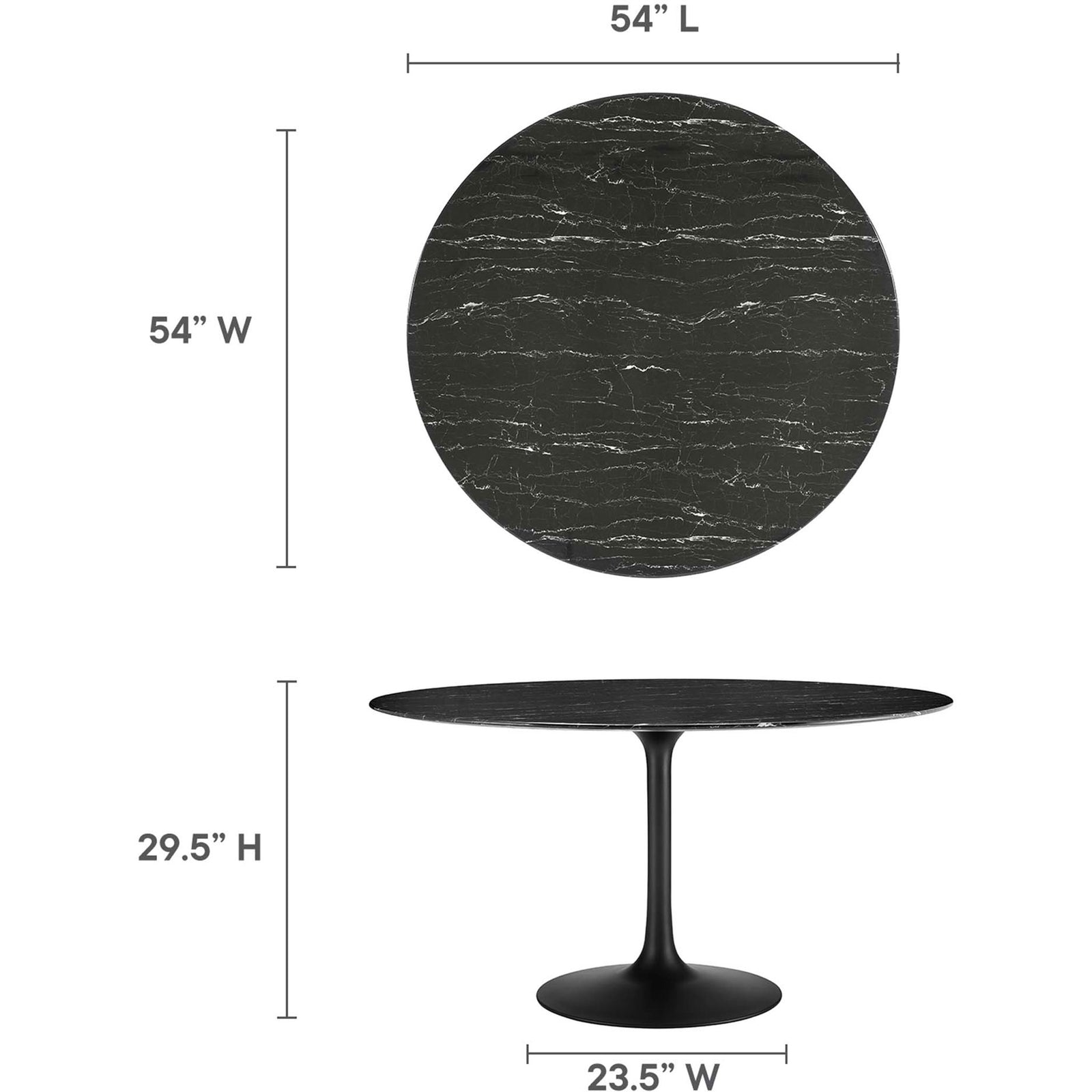 Measurement diagram for 54 inch round pedestal table including overall height and base width. || EEI-4878-BLK-BLK || dimension_studio