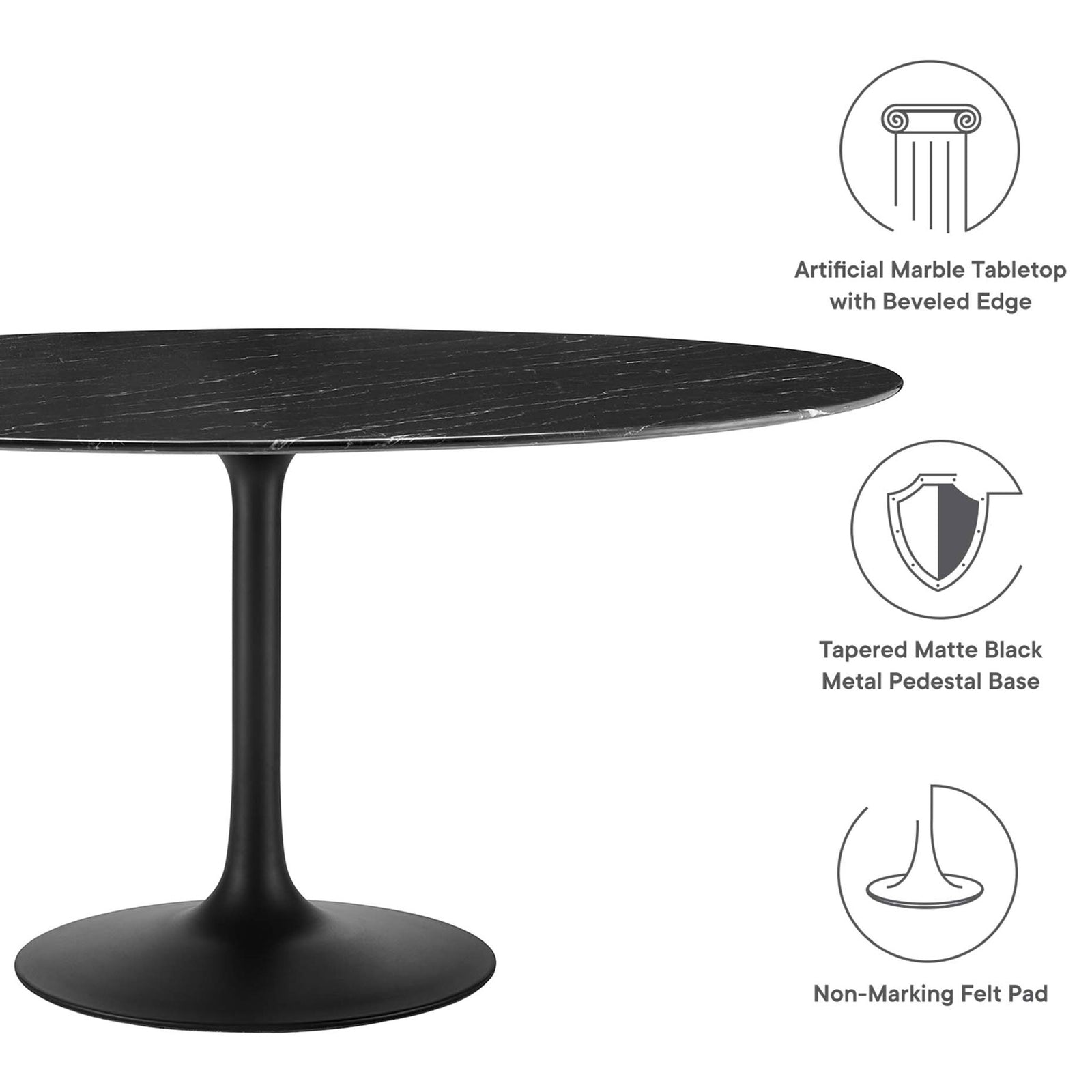 Feature graphic for 60 inch table calling out faux marble top, tapered base, and non marking floor pad. || EEI-4879-BLK-BLK || callout_studio