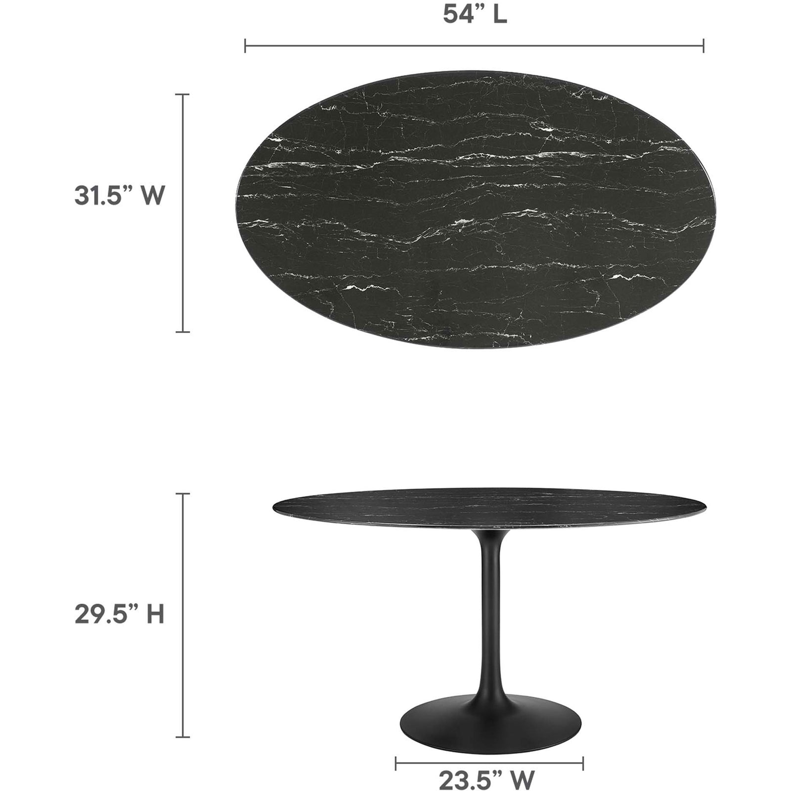 Dimension diagram showing 54 inch oval tabletop size and pedestal dining table height || EEI-4880-BLK-BLK || dimension_studio