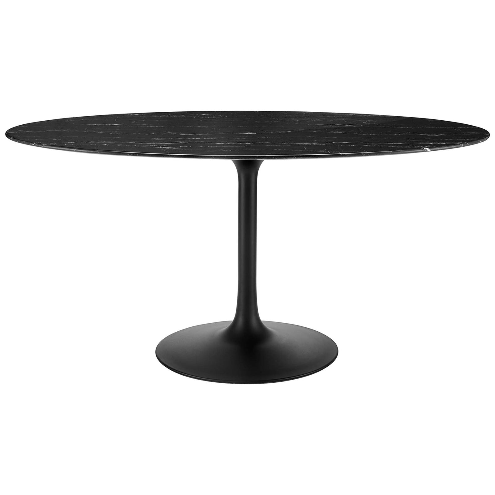 Spacious black oval pedestal dining table with artificial marble top that comfortably seats six || EEI-4881-BLK-BLK || front_studio