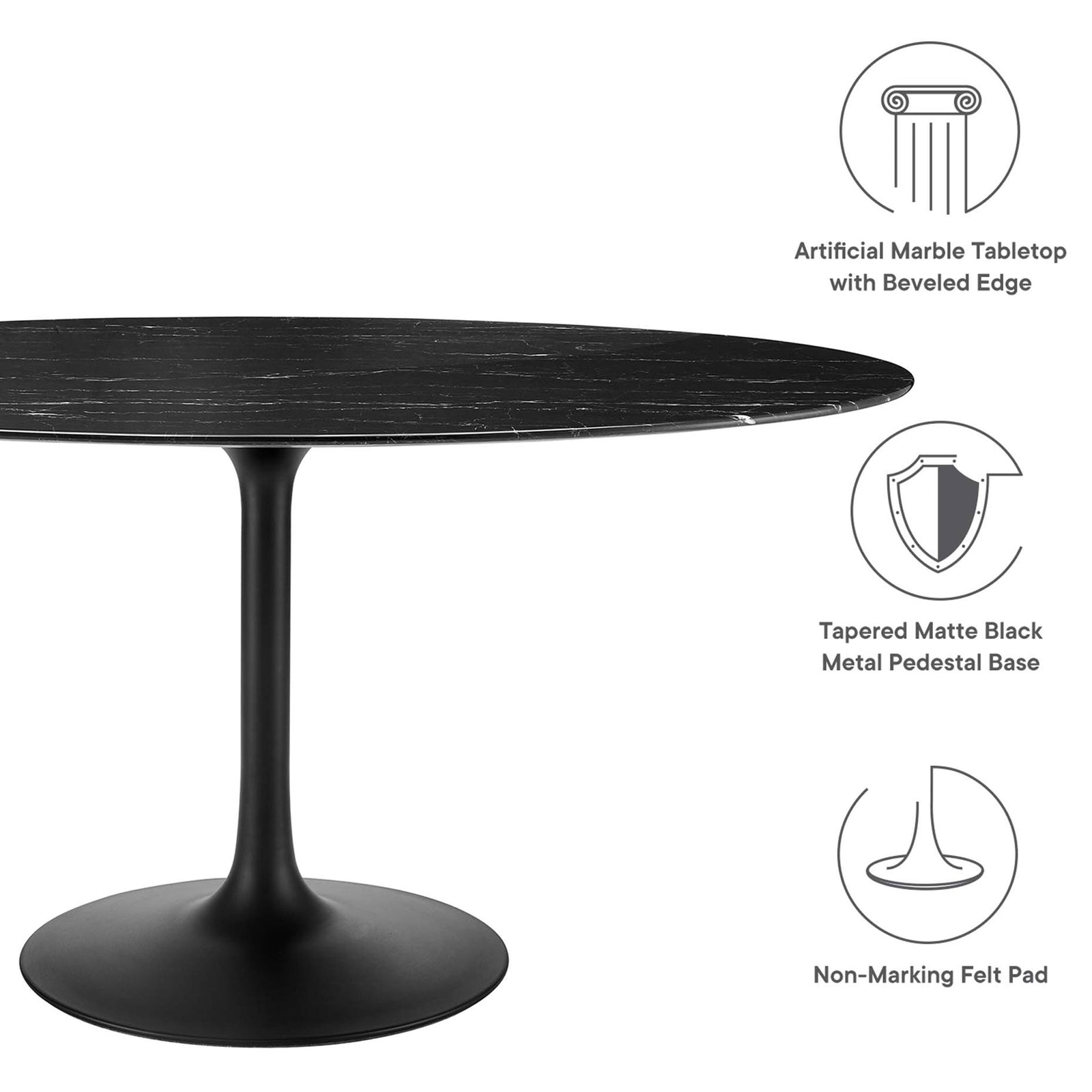 Feature graphic showcasing faux marble top, tapered pedestal base, and protective felt pad || EEI-4881-BLK-BLK || callout_studio