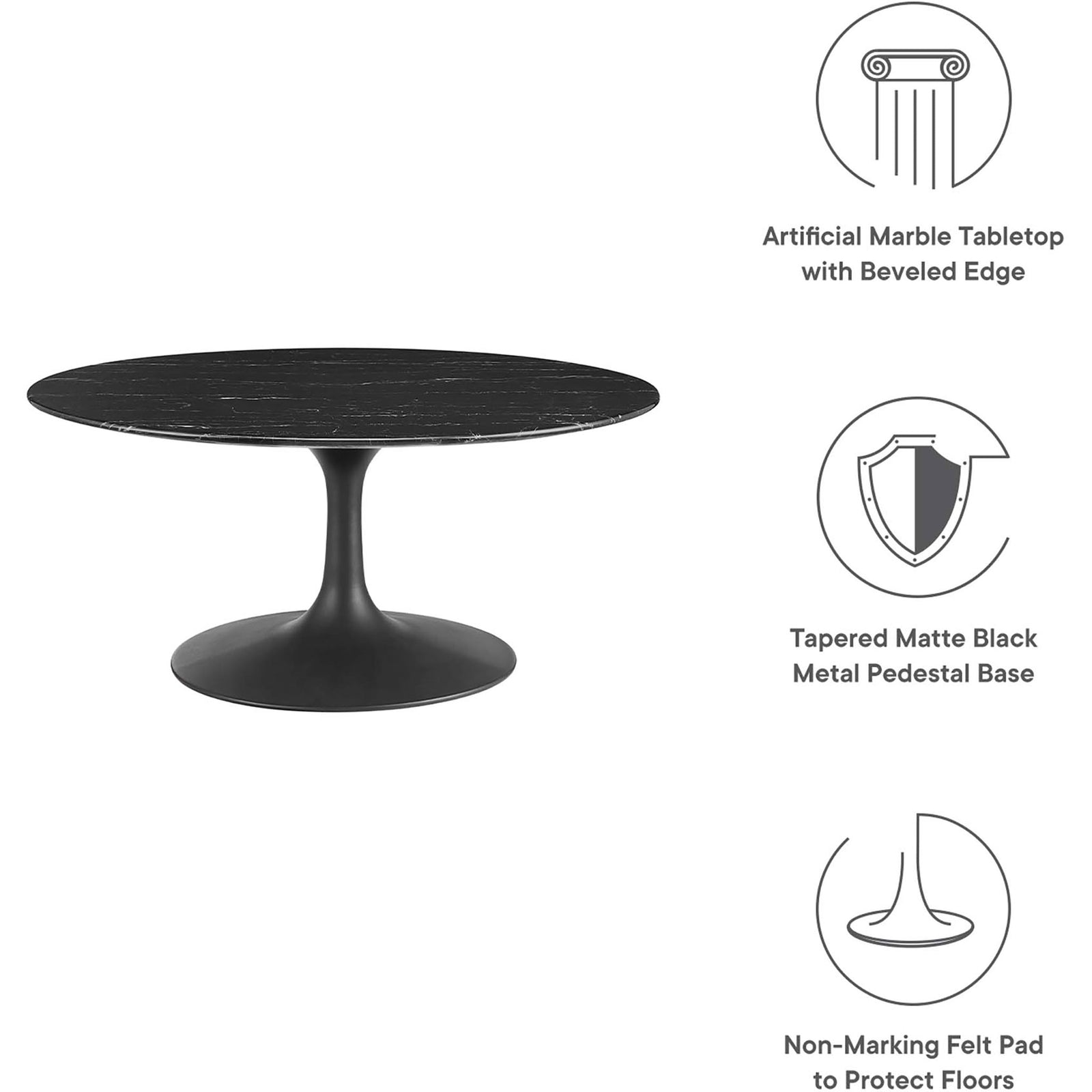 Durable artificial marble top and chip-resistant matte black pedestal with floor-protecting pad || EEI-4884-BLK-BLK || callout_studio