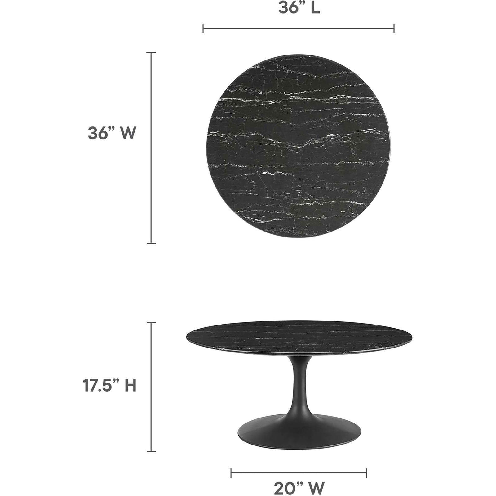 36 inch round coffee table with a refined mid-century pedestal silhouette || EEI-4884-BLK-BLK || dimension_studio