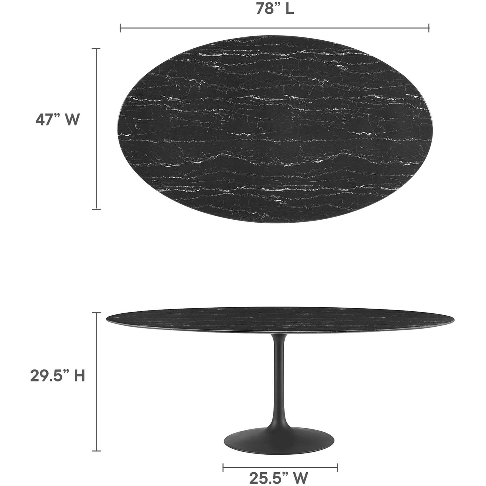 Dimension diagram showing 78 by 47 inch oval tabletop and pedestal dining table height || EEI-4889-BLK-BLK || dimension_studio