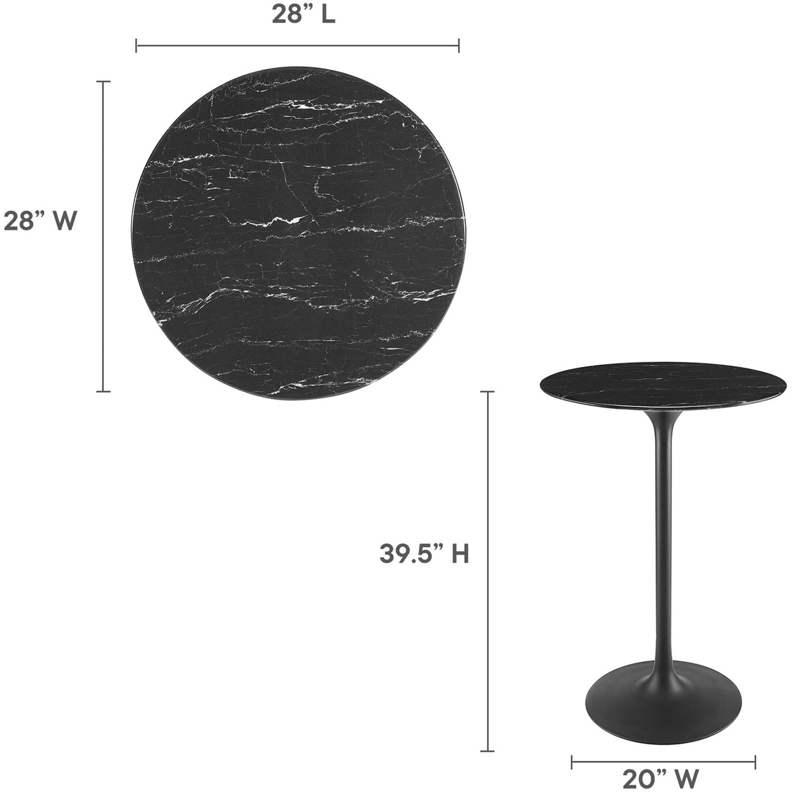Compact 28-inch round bar table with slim pedestal base for modern small-space dining || EEI-4892-BLK-BLK || dimension_studio