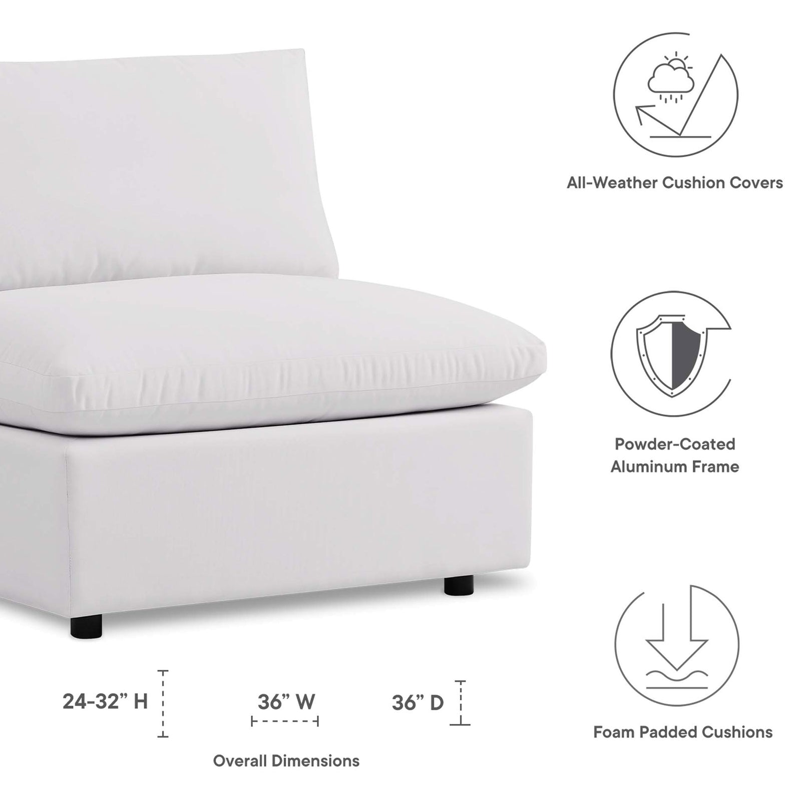 Diagram of white outdoor armless chair with overall dimensions and icons for durable comfort || EEI-4902-WHI || dimension_studio
