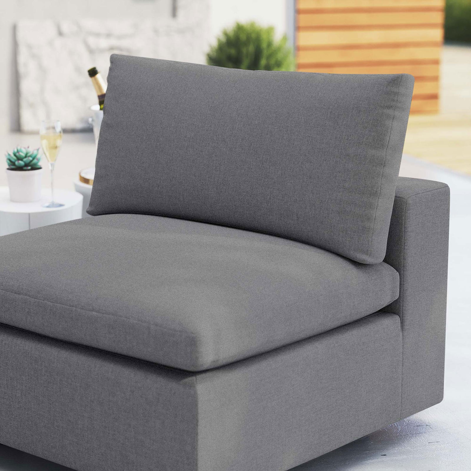 Slate gray Sunbrella cushions in a patio setting, emphasizing plush comfort and soft texture || EEI-4905-SLA || detail_room