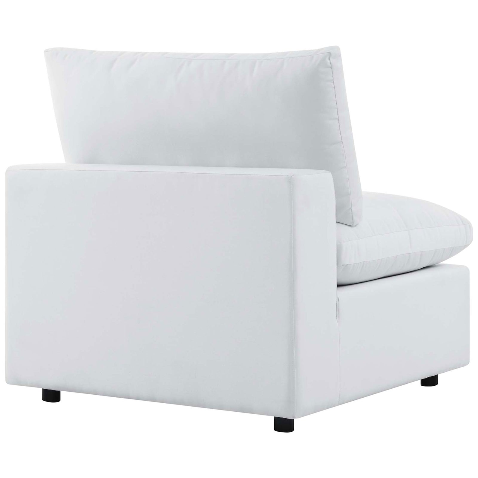 White outdoor chair featuring smooth back panel and neatly tailored Sunbrella cushions || EEI-4905-WHI || back_angle_studio