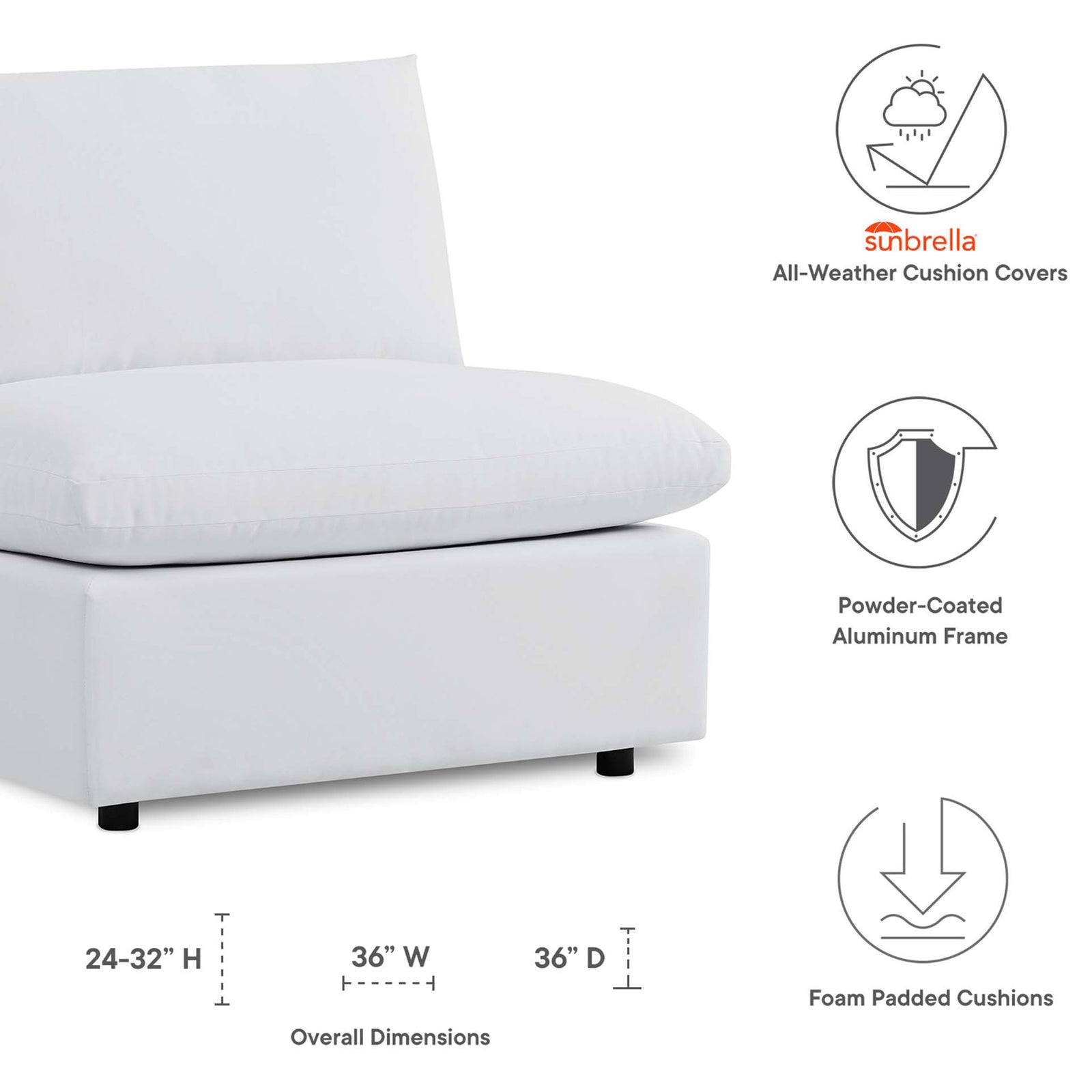 Diagram of white Sunbrella outdoor chair with overall dimensions and icons for weather-ready comfort || EEI-4905-WHI || dimension_studio