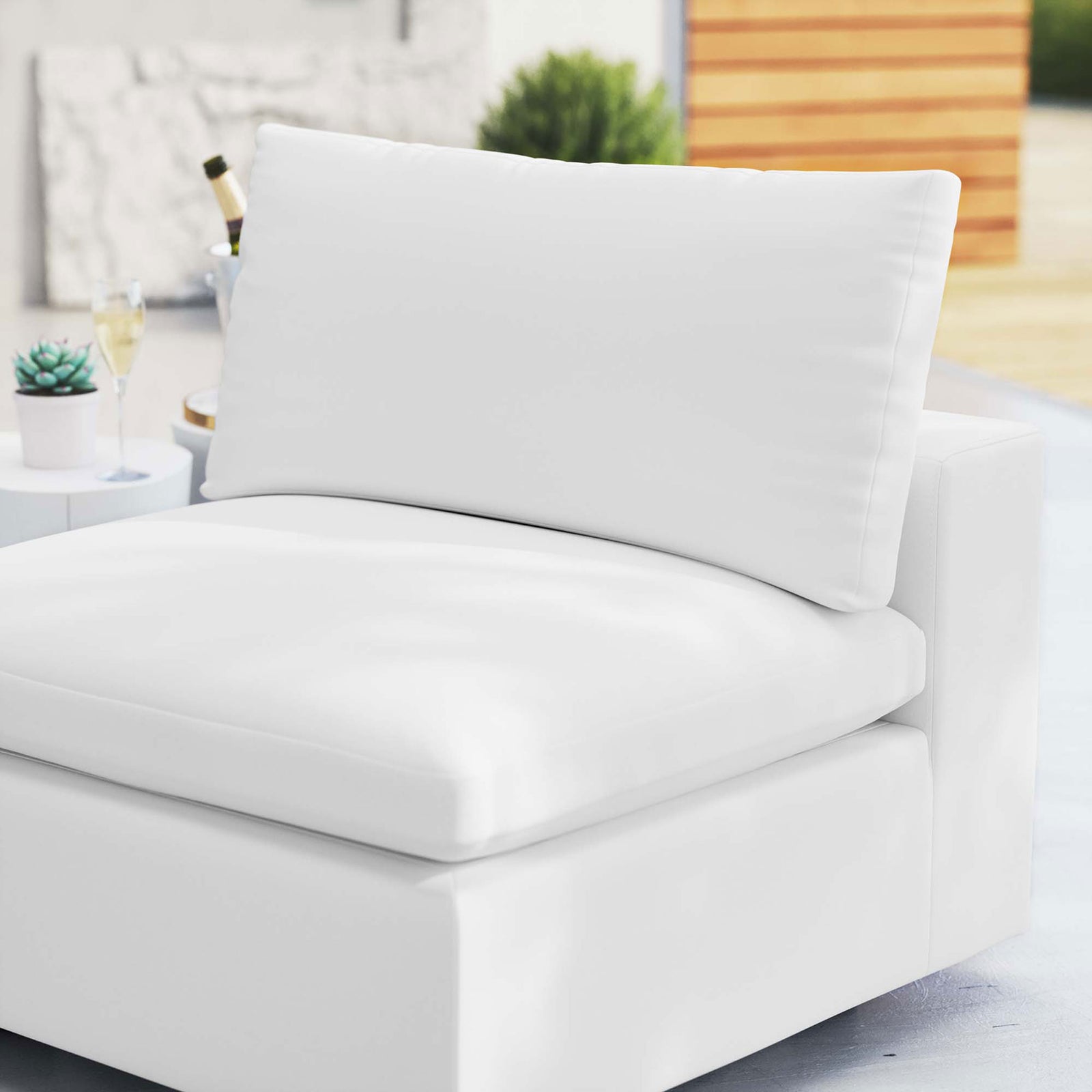 White Sunbrella cushions in a patio setting, emphasizing plush comfort and soft, cloudlike texture || EEI-4905-WHI || detail_room