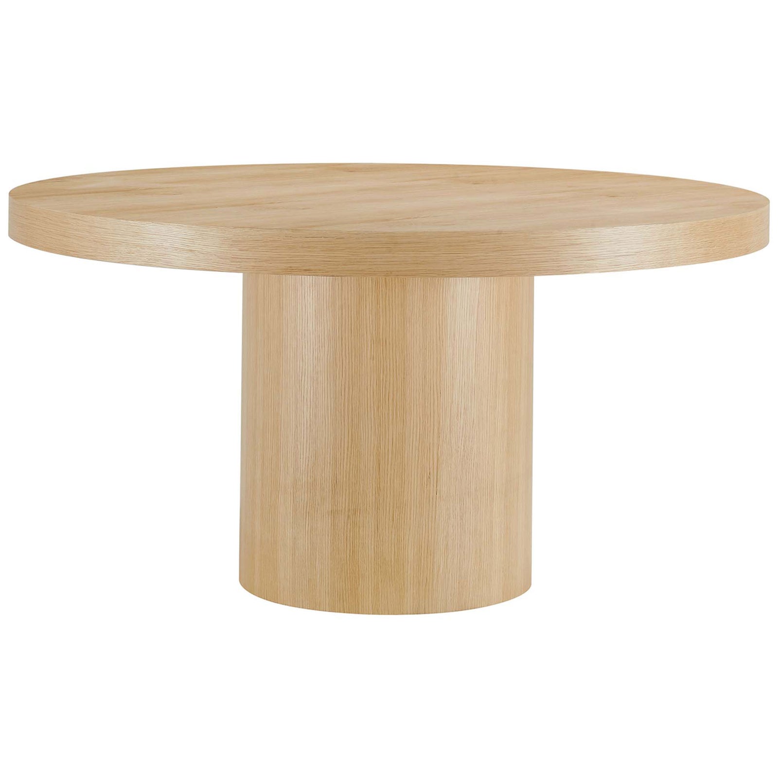 Round oak dining table with a bold cylindrical pedestal base and thick wood veneer top || EEI-4911-OAK || front_studio