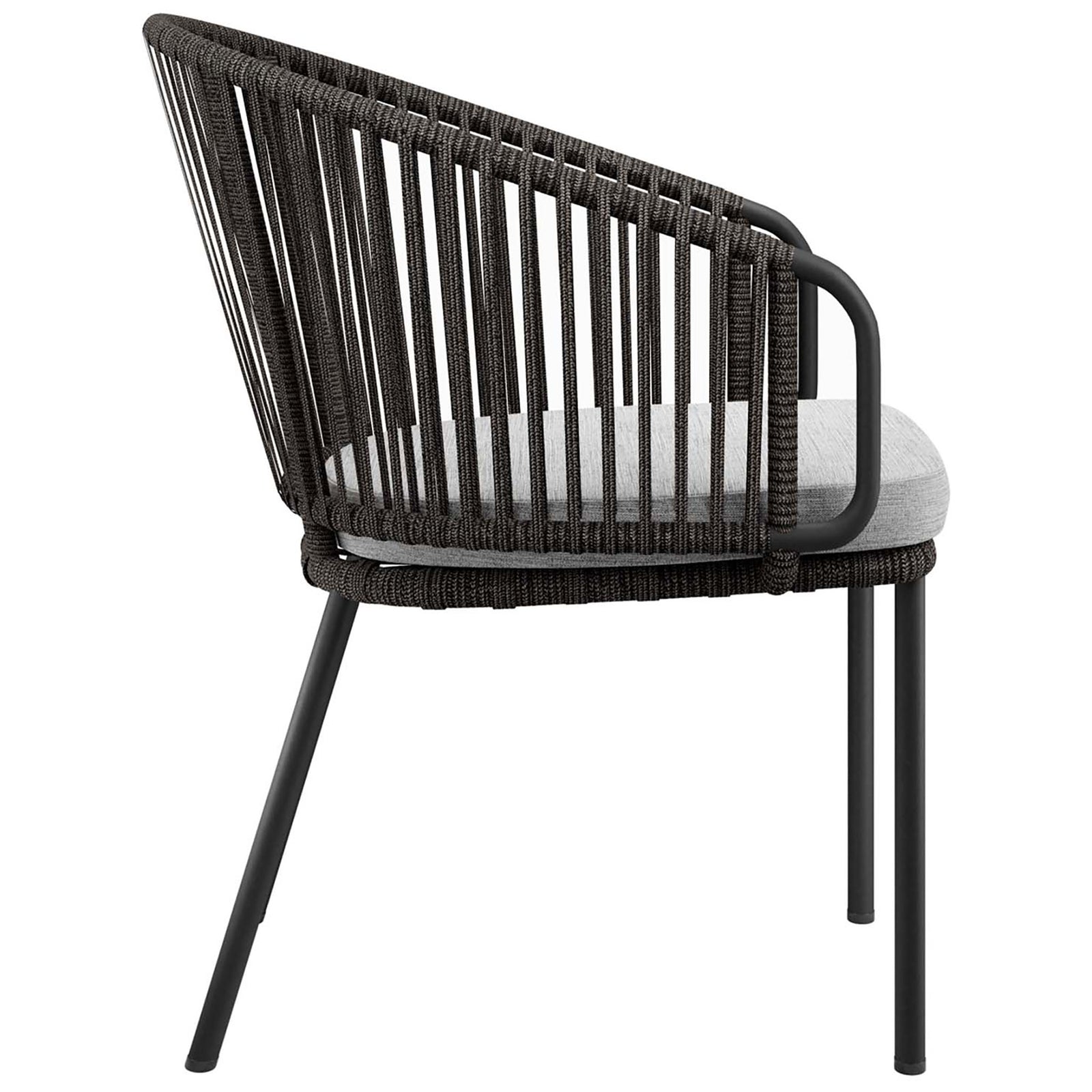 Charcoal woven rope armchair showcasing slim powder-coated frame, angled legs, and supportive backrest || EEI-5033-CHA-GRY || side_studio