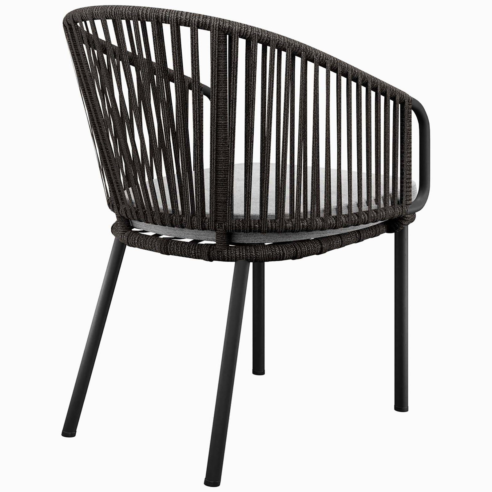 Outdoor rope dining chair highlighting open airy backrest and sturdy, angled legs in charcoal finish || EEI-5033-CHA-GRY || back_angle_studio