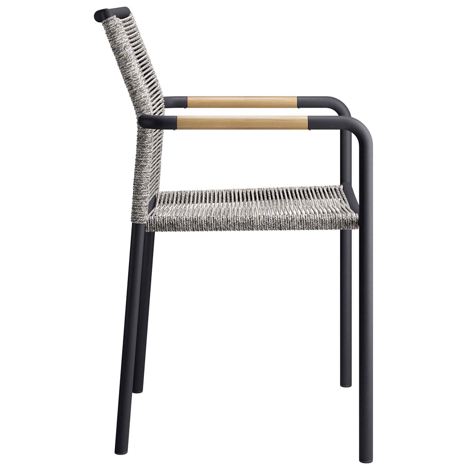 Streamlined patio armchair profile showing curved backrest and supportive rope seat || EEI-5036-LGR || side_studio