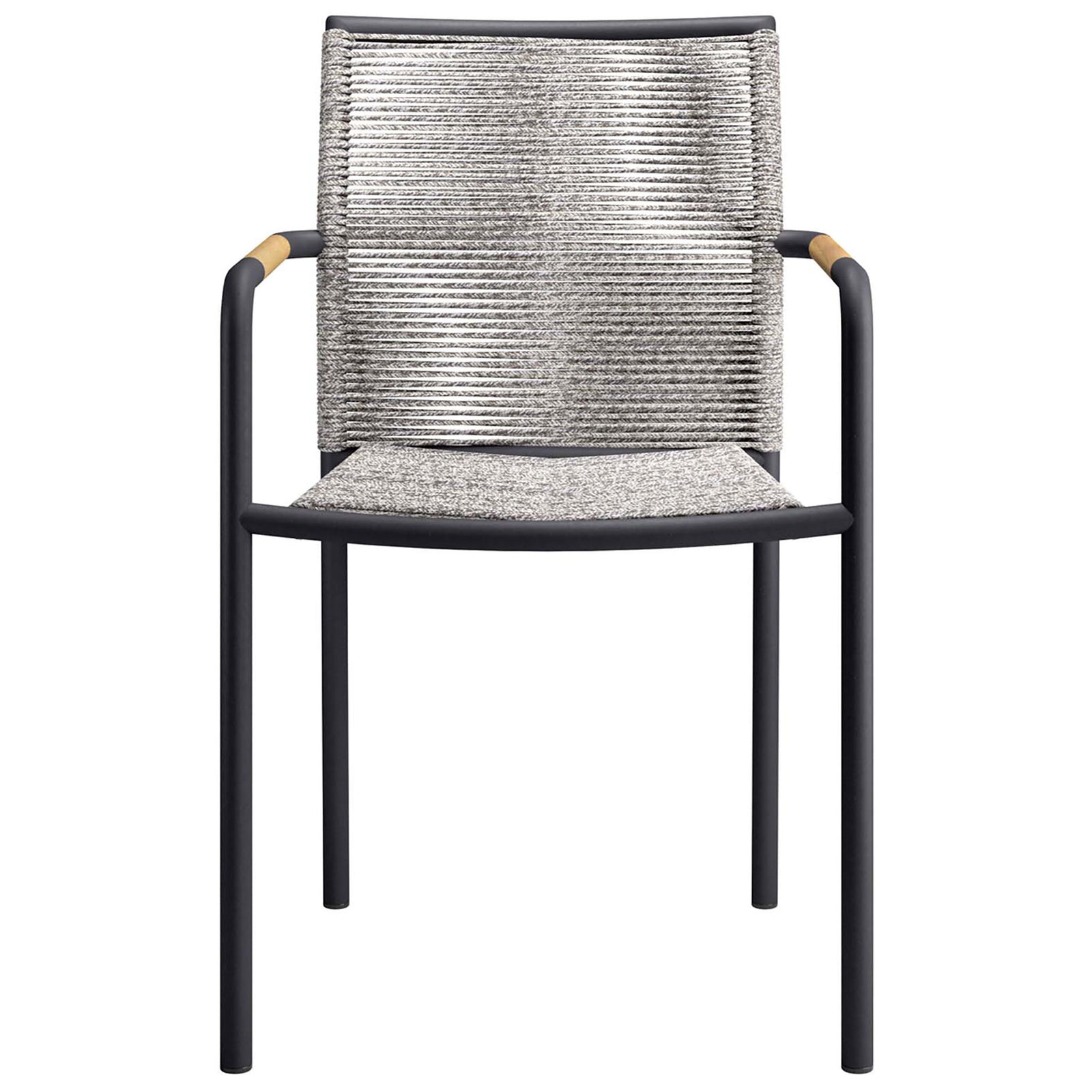 Light gray rope patio armchair with black aluminum frame and wood tone arm accents || EEI-5036-LGR || front_studio