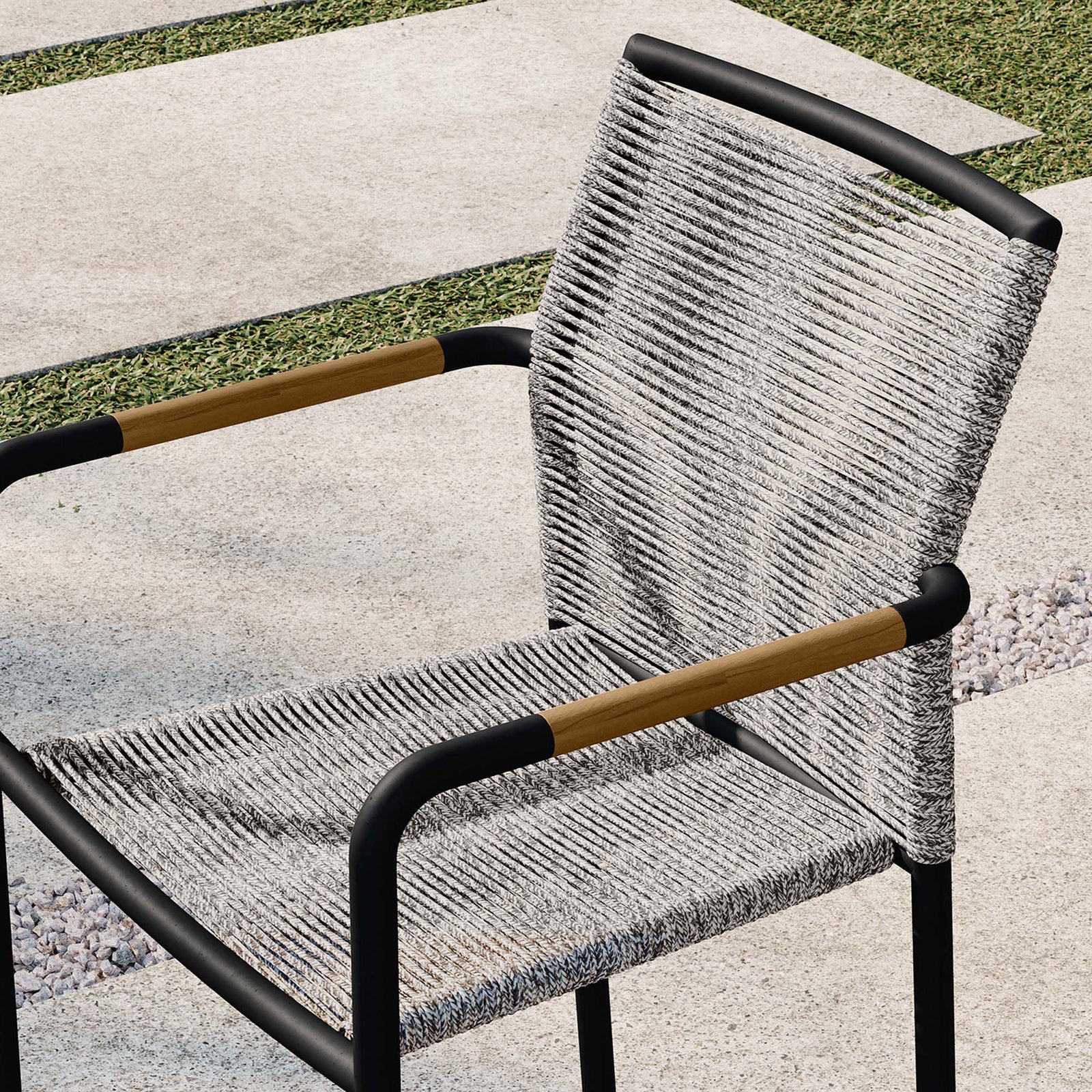 Woven rope seat and backrest detail with warm wood arm inserts on black frame || EEI-5036-LGR || detail_room